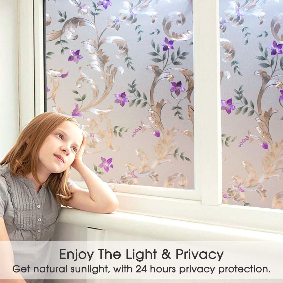 Frosted Iris Flower Static Cling Window Film - Non-Adhesive Privacy Decoration for Doors & Windows - UV Protection & Heat Control - 23.5x118 Inch - Perfect for Bathrooms, Bedrooms, and Office Spaces