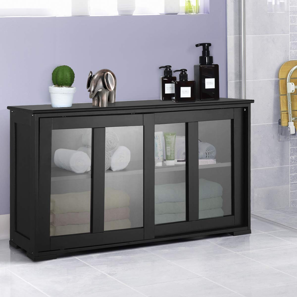 Giantex Modern Wood Buffet Sideboard with Sliding Doors - Adjustable Shelf Storage Cabinet, Kitchen Pantry Cupboard & Living Room Dining Room Console Table - Perfect for Home Storage & Entertaining (Black)