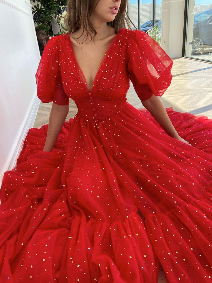 Elegant Red V-Neck Tulle Tea-Length Prom Dress for Women | Formal Evening Gown for Homecoming, Wedding Guest & Special Occasions