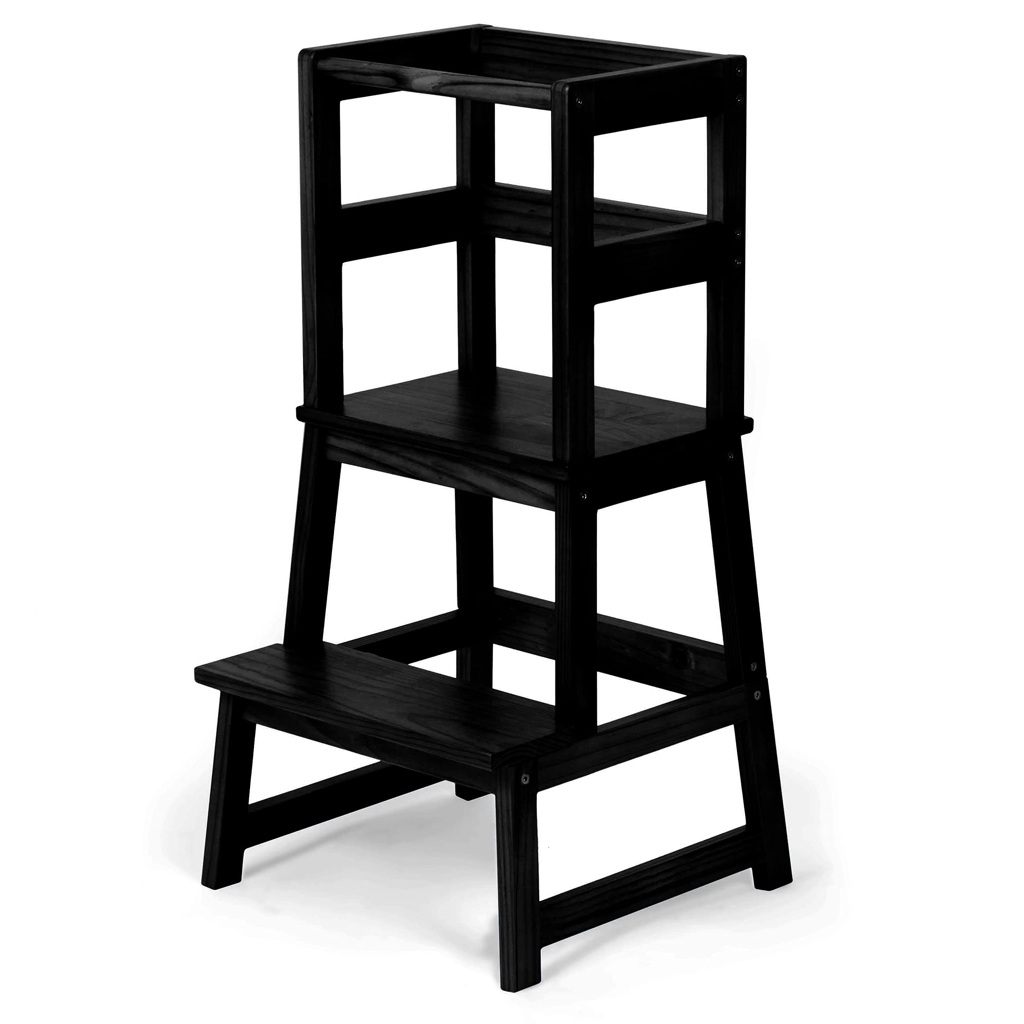 Play Platoon Toddler Kitchen Stool - Black Wooden Step Stool Standing Tower for Kids | Safe & Sturdy Learning Helper | Perfect for Baking, Cooking & Reaching Countertops