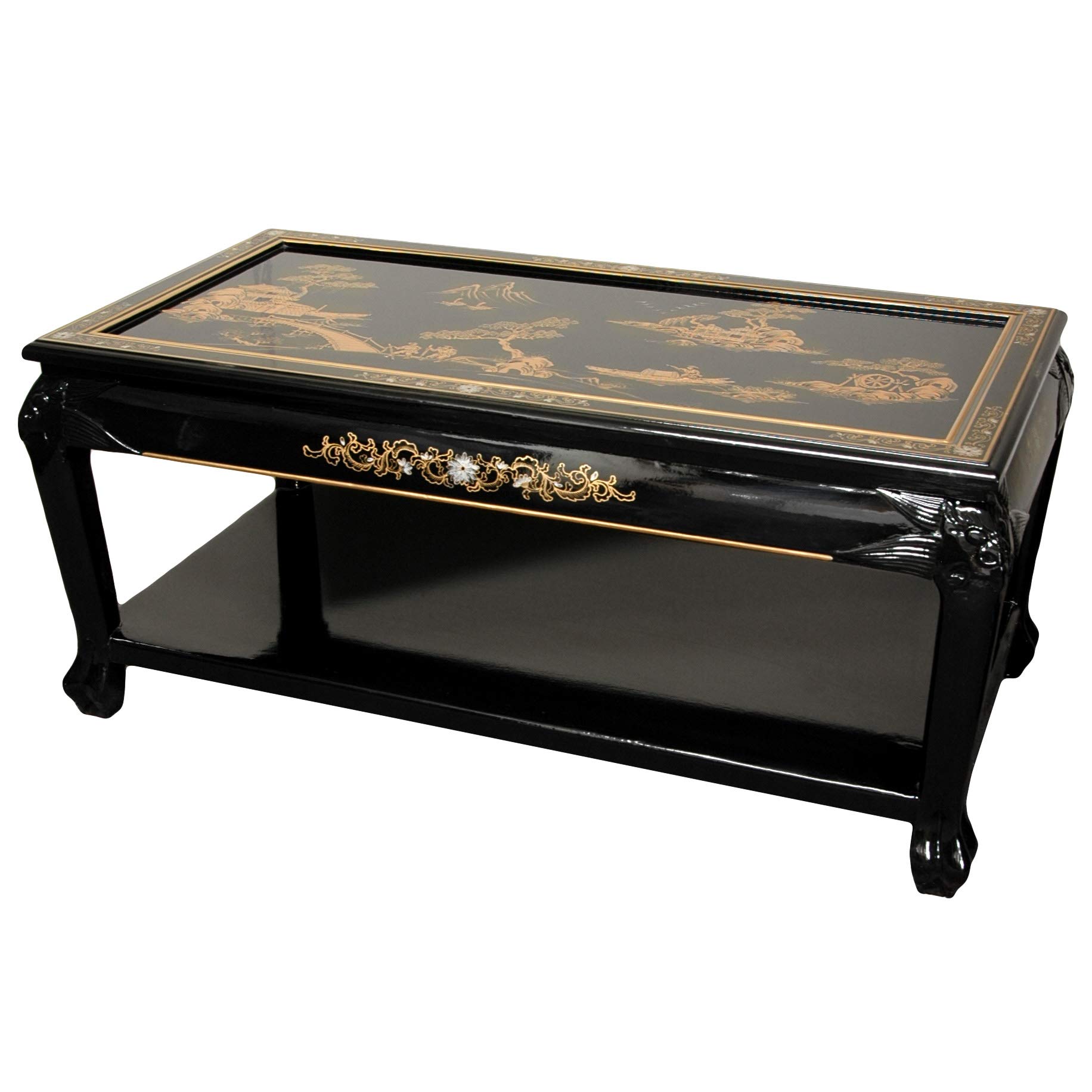 Hand-Painted Red Lacquer Coffee Table - Black Village Landscape for Living Room Decor
