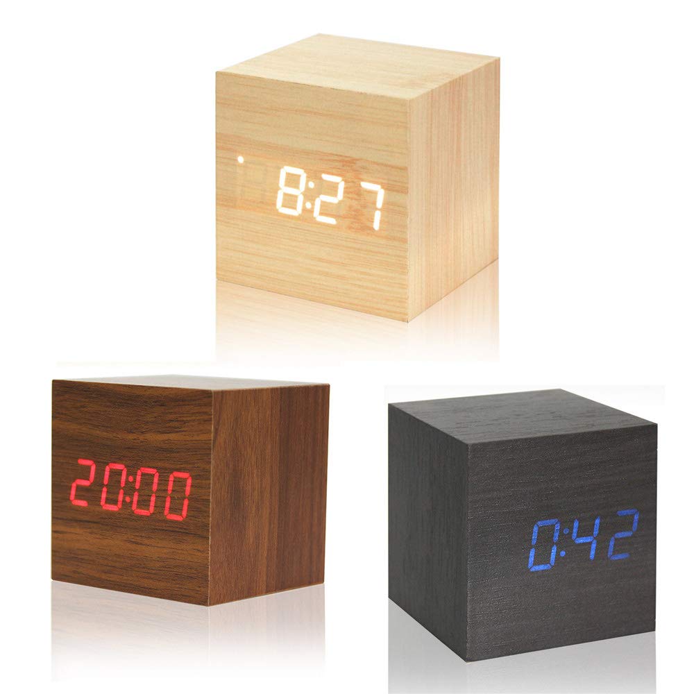 Smart Digital Alarm Clock with LED Display - Wooden Cube Design, Shows Time, Date & Temperature - Perfect for Kids, Bedroom, Home, Dorm & Travel - Ideal for Nightstands, Desks & Gift Giving (AC10 Yellow/White)