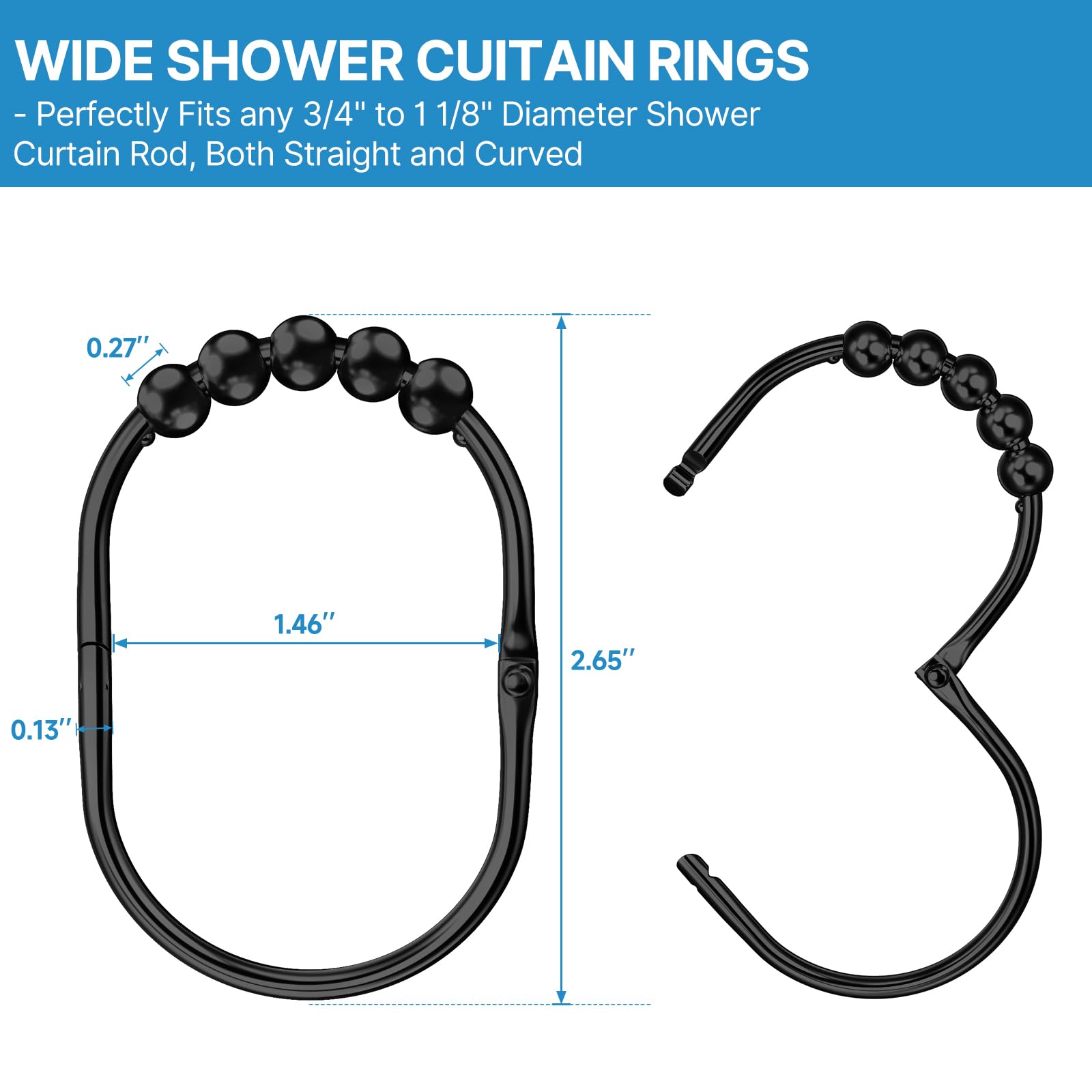 12PCS Stainless Steel Shower Curtain Hooks - Rust Proof Heavy Duty Bathroom Curtain Rings with Smooth Glide Rollers (Black, Set of 12) - Perfect for Bathroom, Hotel & Spa Decor