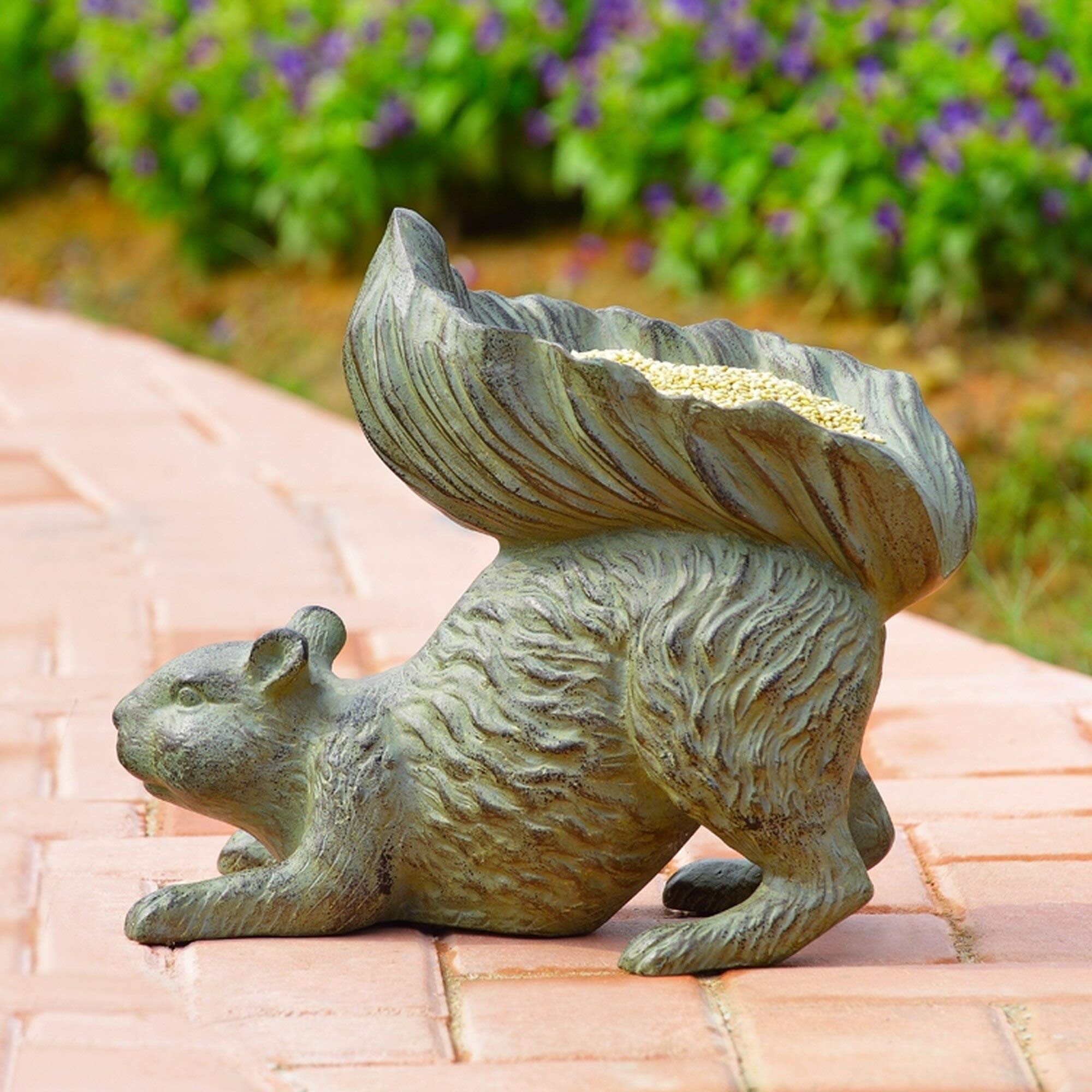 Ebros Gift Aluminum Whimsical Crouching Bushy-Tailed Squirrel Sculpture with Dish Bowl Tail - 15.25