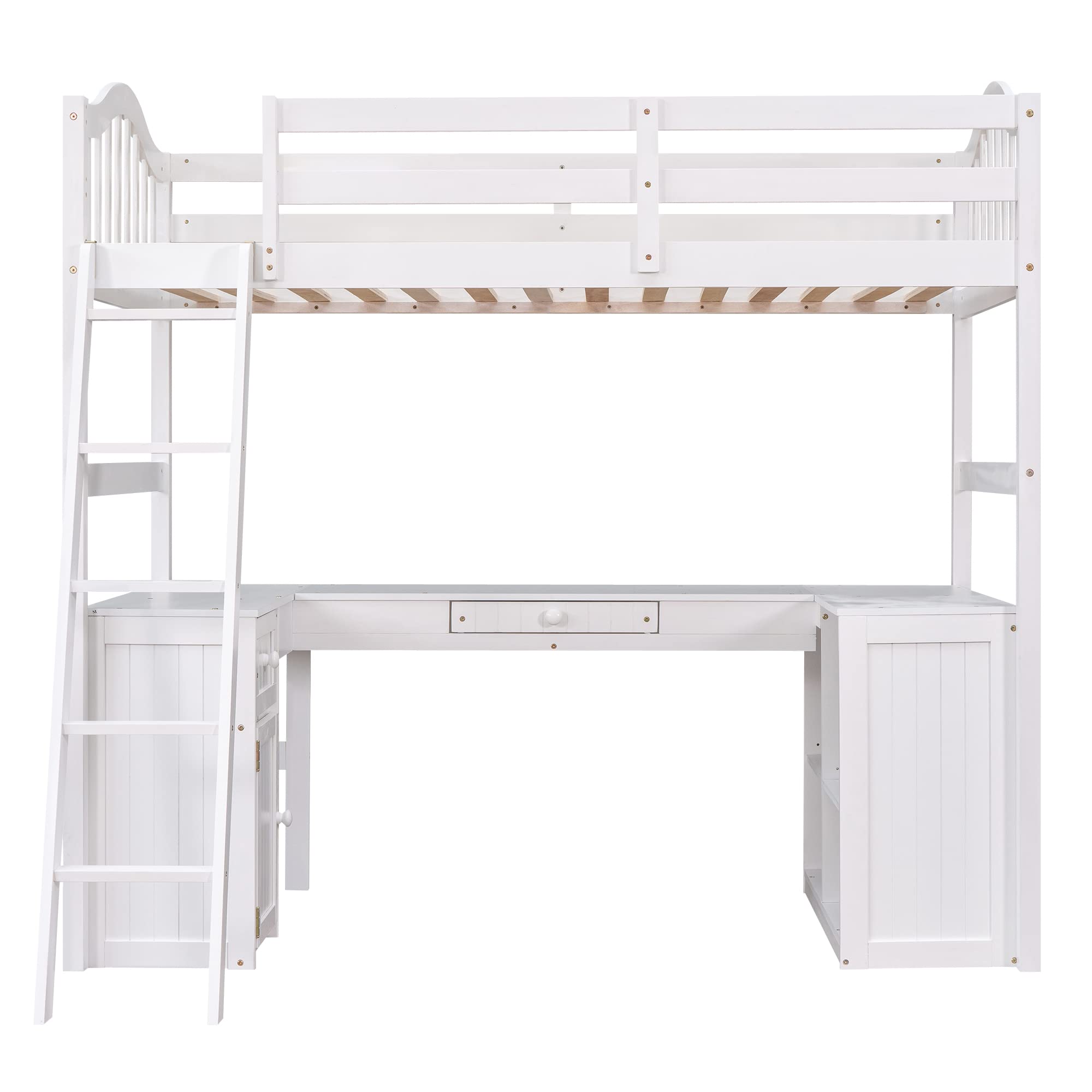 SOFTSEA Twin Size High Loft Bed with Desk, Cabinet & Bookcase - Solid Wood Loft Bed Frame with Storage for Kids & Teens - Space Saving Bedroom Furniture for Small Rooms - No Box Spring Needed (White)