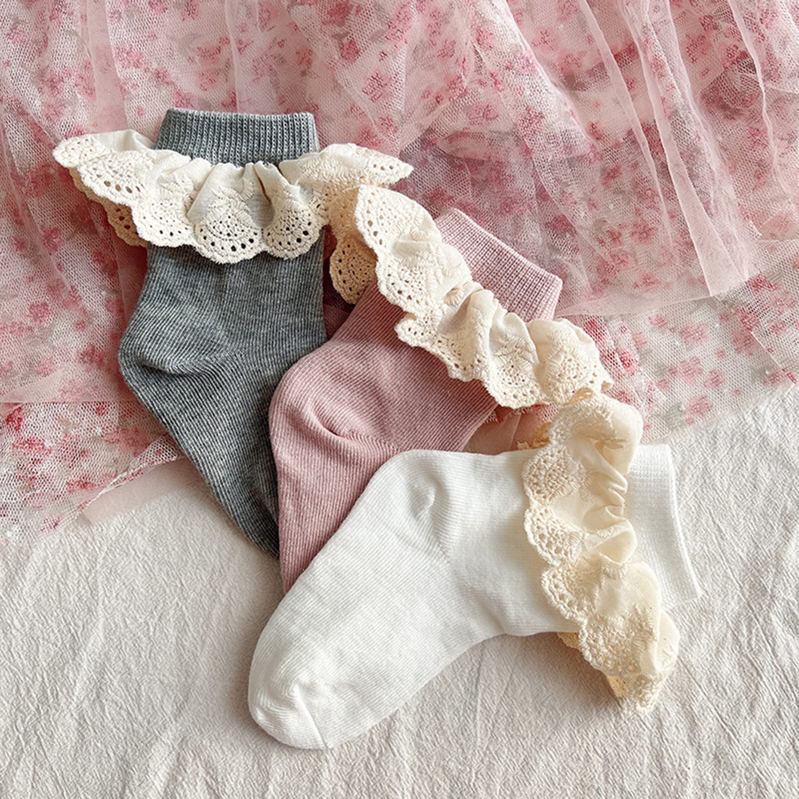 Baby Girls Ruffles Lace Socks - Toddler Princess Frilly Dress Socks - Soft Infant Ankle Socks for Parties, Photography & Special Occasions