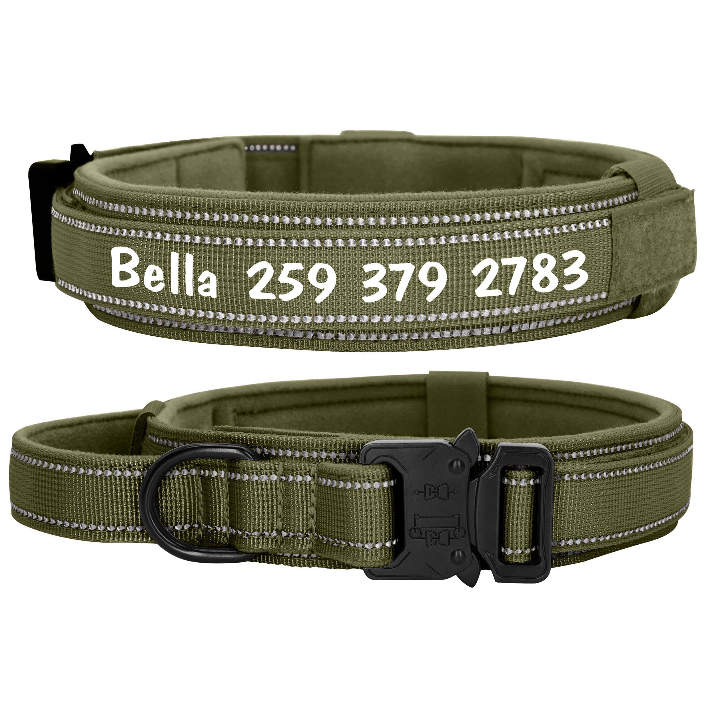 Personalized Tactical Dog Collar with Heavy Duty Metal Buckle & Control Handle - Adjustable Nylon Training Collar for Medium & Large Dogs - Custom Name Tag Included (Green) - Perfect for Outdoor Adventures, Obedience Training & Daily Walks