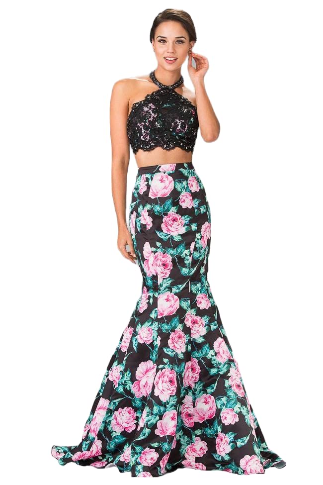 Elizabeth K GL2259 Two-Piece Halter Mermaid Gown - Elegant Black Evening Dress for Prom, Wedding & Special Occasions (Size S)