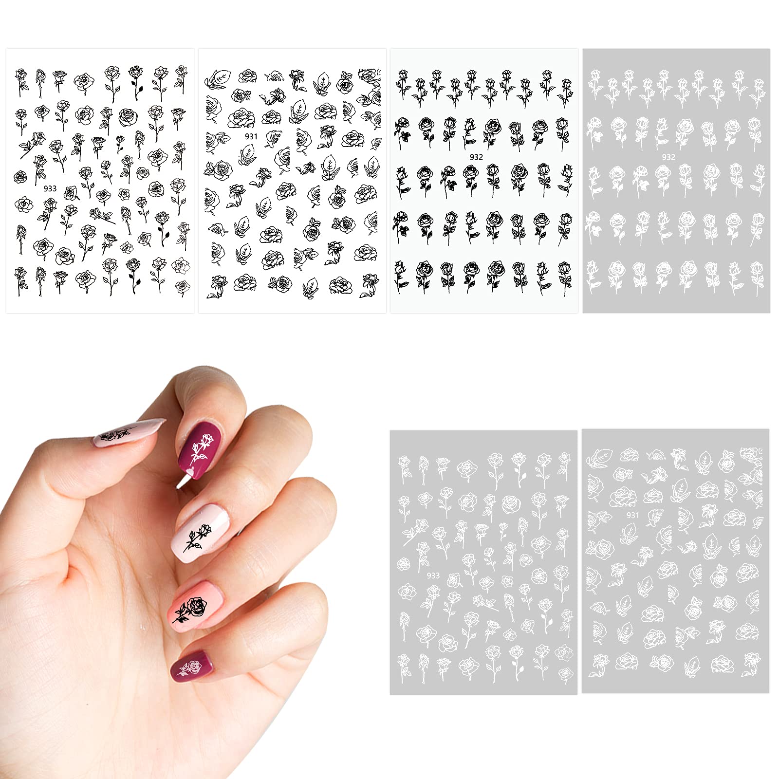 AIEX 6 Sheets 3D Rose Nail Stickers - Self Adhesive Floral Nail Art Decals for DIY Manicure, Hand Drawn Aesthetic Flower Designs for Nail Artistry | Perfect for Home Nail Decoration, Salon Use & Gift Giving