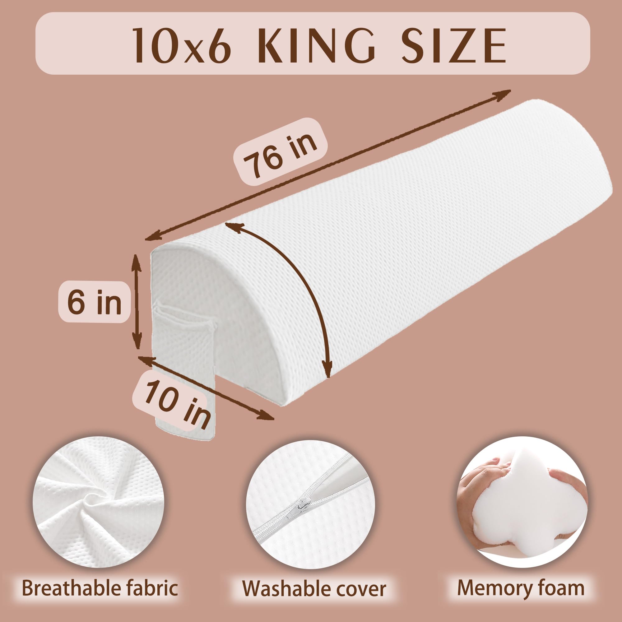 Memory Foam Bed Wedge Pillow - King Size (10x6x76 in) - Headboard Gap Filler & Mattress Space Stopper for Comfort and Support - Perfect for Back Pain Relief, Reading, Watching TV in Bed