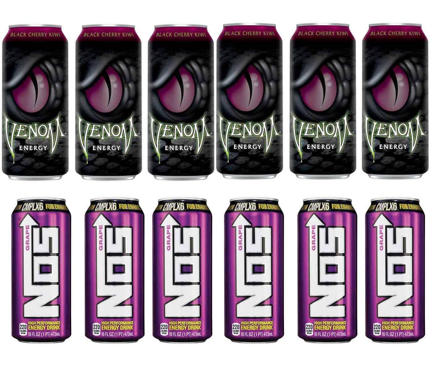 LUV BOX - 12-Pack of 16 oz Energy Drinks Variety Pack | Venom Black Cherry Kiwi & NOS Grape Energy Drinks by Evaxo | Perfect for Gaming, Workouts & Outdoor Adventures
