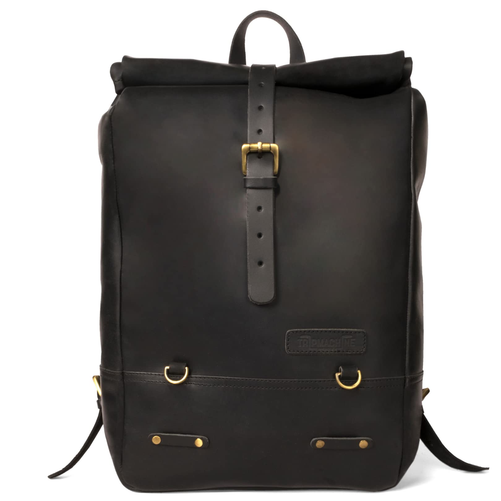 Trip Machine Leather Rolling Backpack - Waterproof Motorcycle Pannier & Travel Laptop Bag with 15L Capacity | Classic Roll Top Design for Commuting, Business Trips & Adventure Riding (Black)
