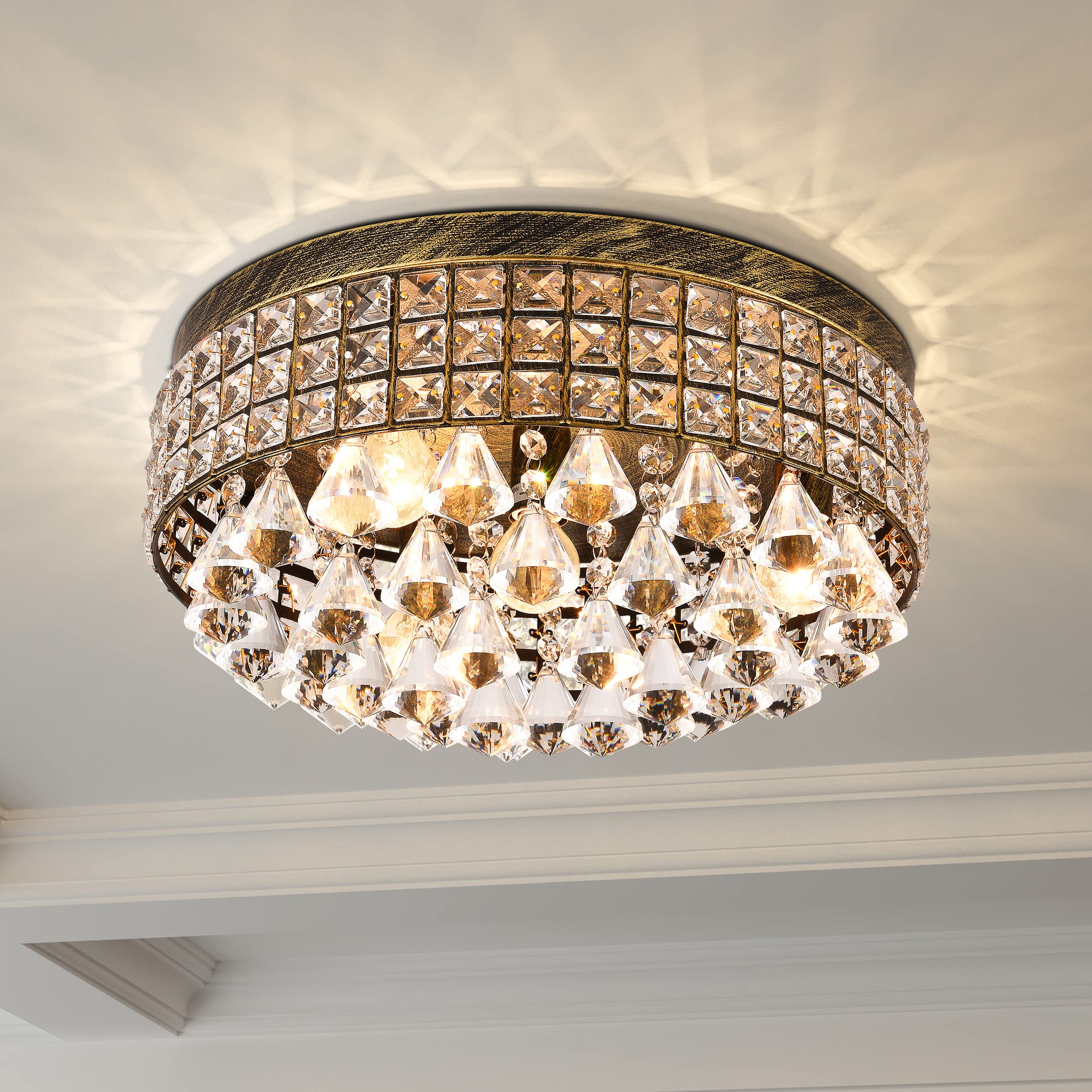 Maxax 4-Light Modern Crystal Chandelier - Bronze Drum Ceiling Light Fixture with Raindrop Design, Round Metal Shade Flush Mount Lighting for Dining Room, Living Room, Bedroom, Bathroom | Perfect for Home Decor, Wedding Venues & Luxury Interiors
