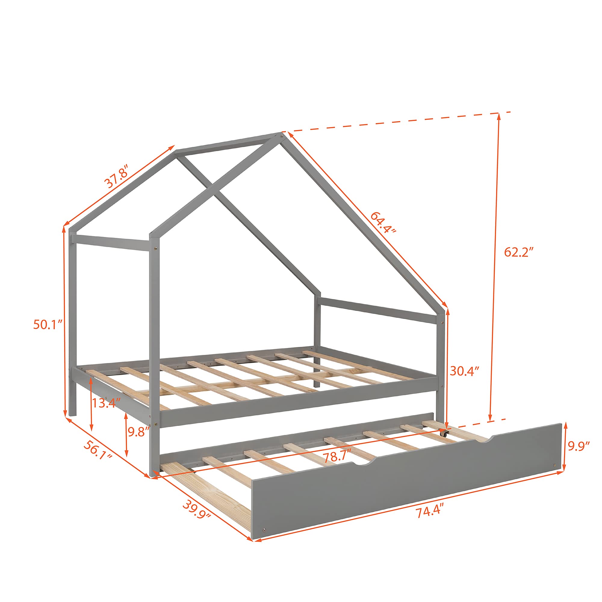 **Full Size Wooden House Bed with Twin Trundle - Solid Wood Platform Bed Frame with Roof for Kids, Teens & Toddlers - Gray - Perfect for Nursery, Playroom & Kids' Bedroom Decor**