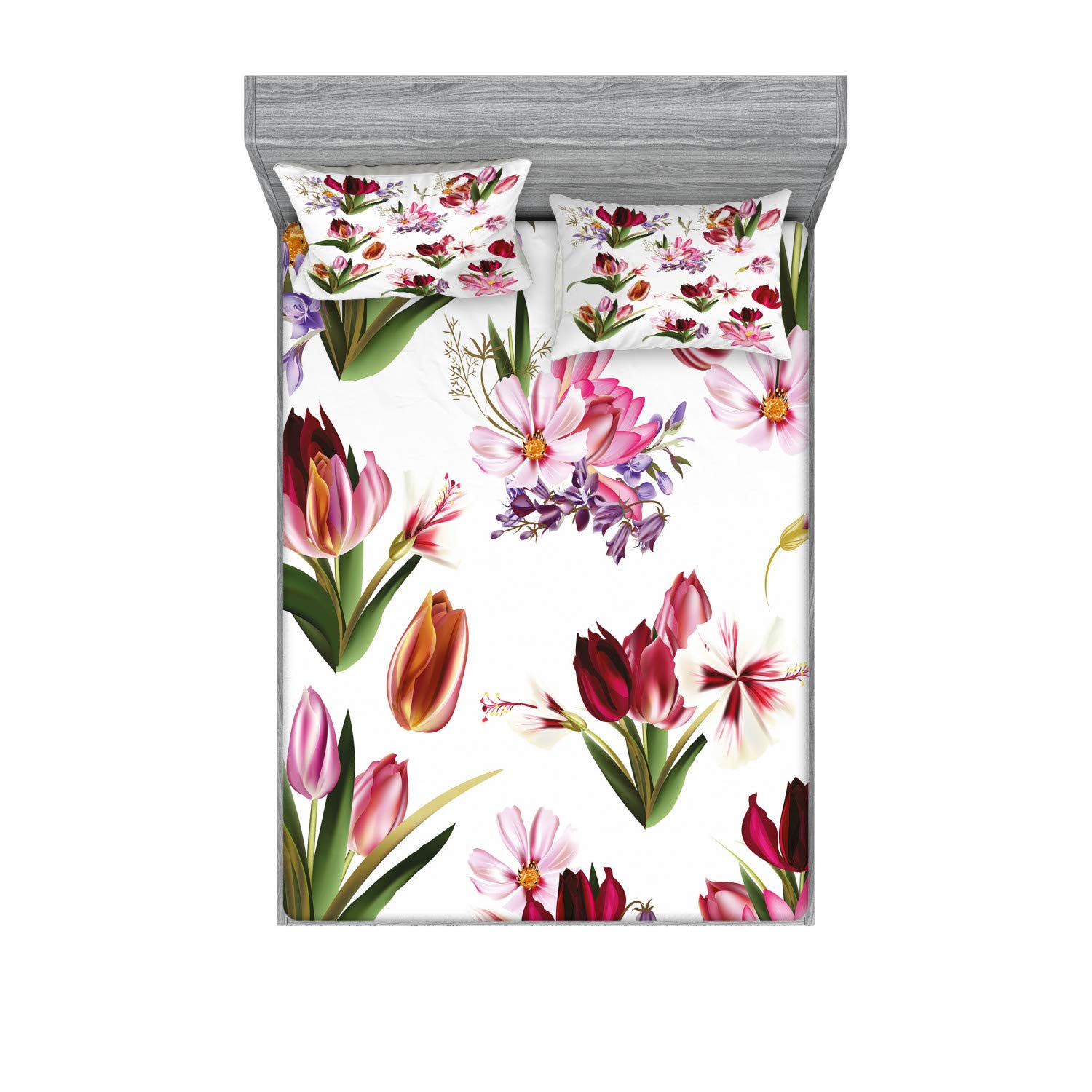 Ambesonne Floral Fitted Sheet & Pillow Sham Set - Realistic Tulips, Cosmos & Lilies Blooming Pattern - 3-Piece King Size Printed Bedding Decor - Perfect for Spring Bedroom Refresh & Guest Room Makeover