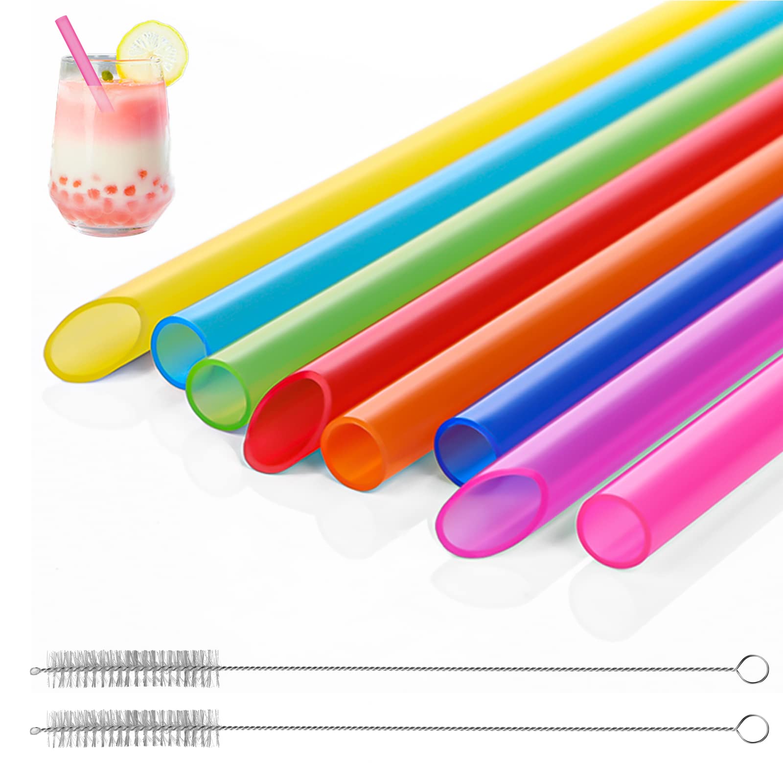 8 Pack Reusable Plastic Straws - 10mm x 26cm Straight Colorful Drinking Straws with 2 Cleaning Brushes for Bubble Tea, Juice, Soda & Smoothies | Perfect for Parties, Picnics & Home Use