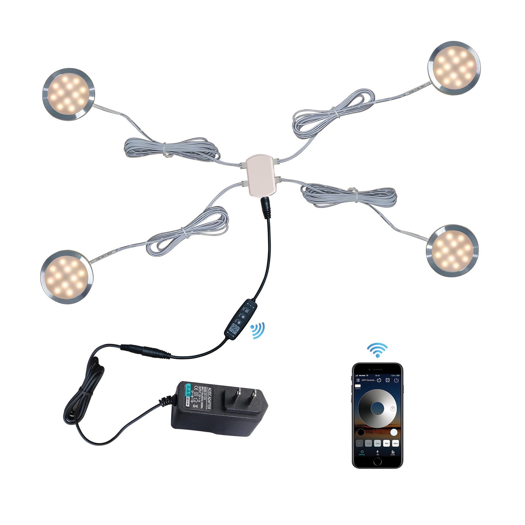 Smart Puck Lights with Bluetooth APP Control - Dimmable Under Cabinet Lighting, 12V DC Adaptor, Warm White (4 Pack) - Perfect for Kitchen, Closet, and Display Case Illumination