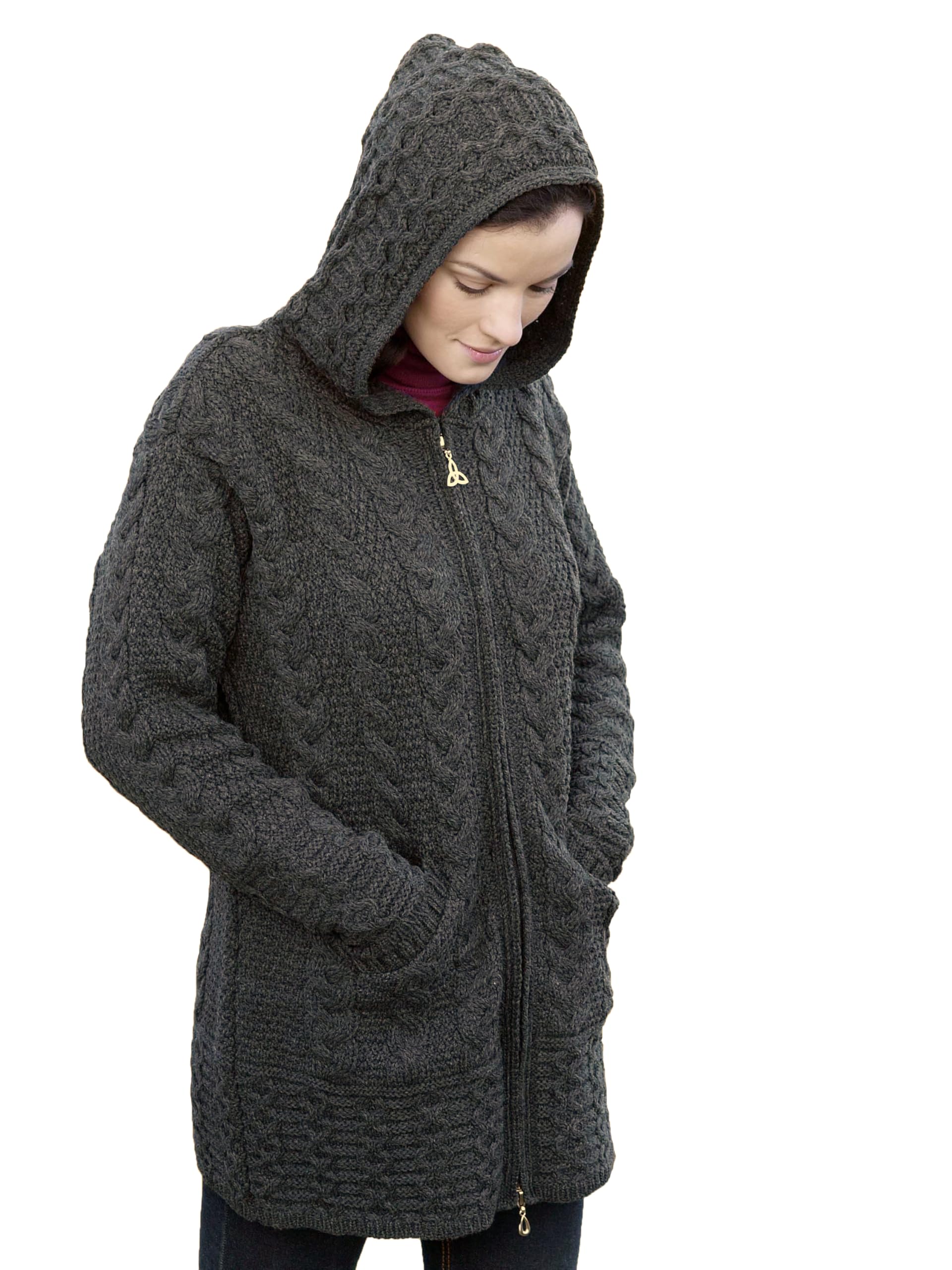 Aran Crafts Women's Irish Cable Knit Wool Hooded Zip Coat - 100% Merino Wool Winter Jacket for Women - Warm & Stylish Outerwear for Cold Weather, Hiking & Outdoor Activities