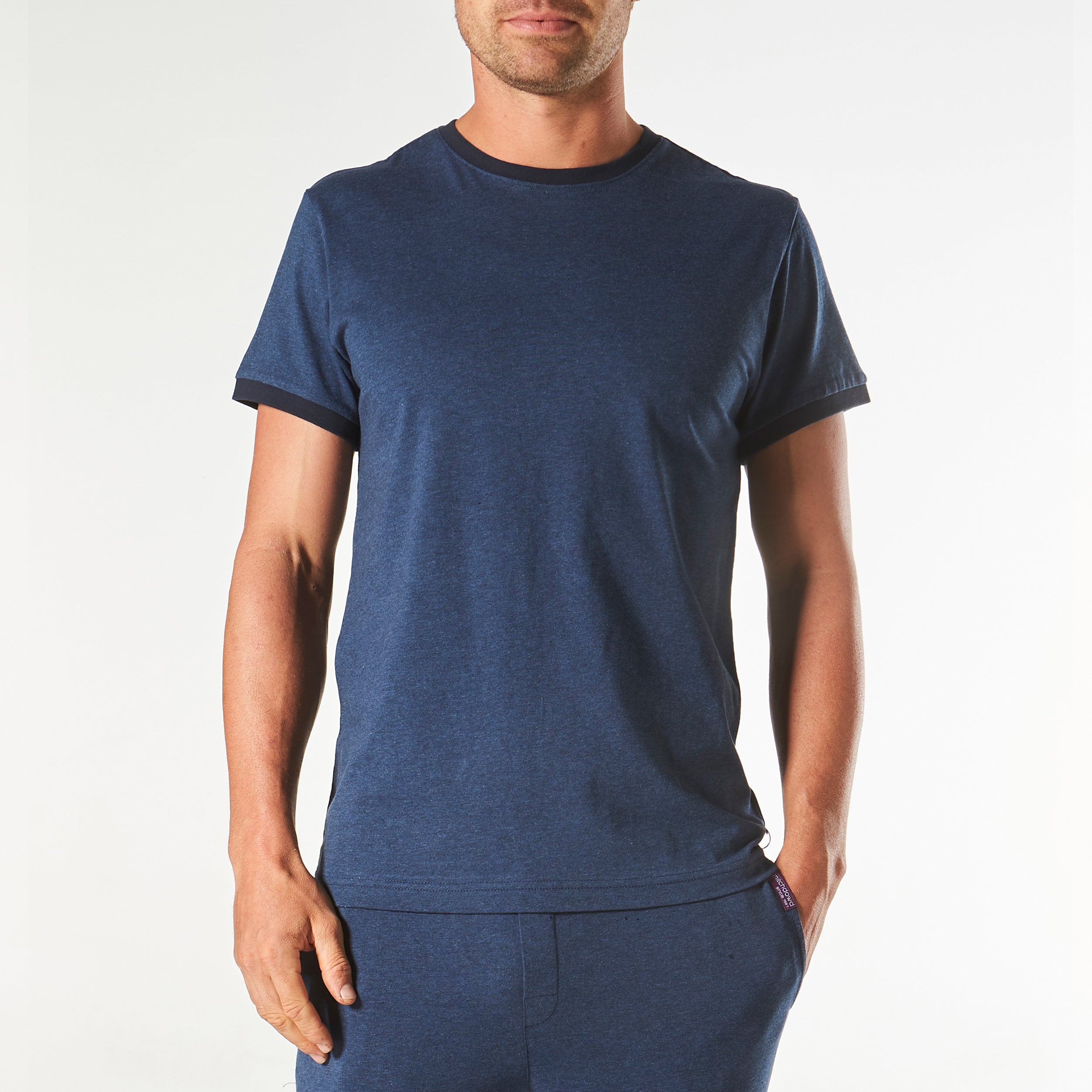 Men's Short Sleeve Contrast Cotton Sleep Tee - Soft Denim Marle Lounge Shirt for Comfortable Nightwear & Relaxing at Home