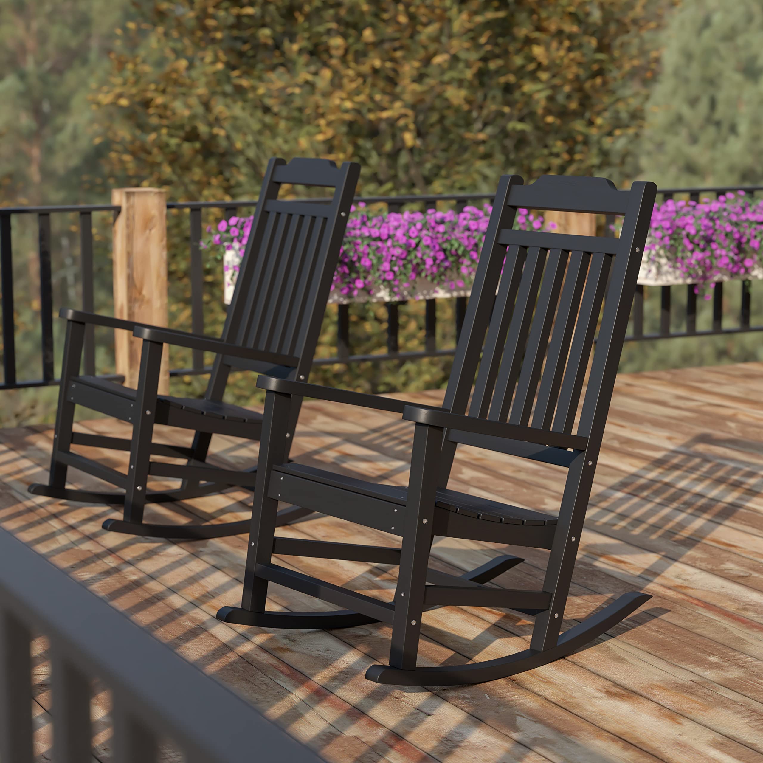 EMMA + OLIVER Set of 2 All-Weather Rocking Chairs - Black Poly Resin Faux Wood Outdoor Furniture for Patio, Garden, Deck & Backyard Relaxation