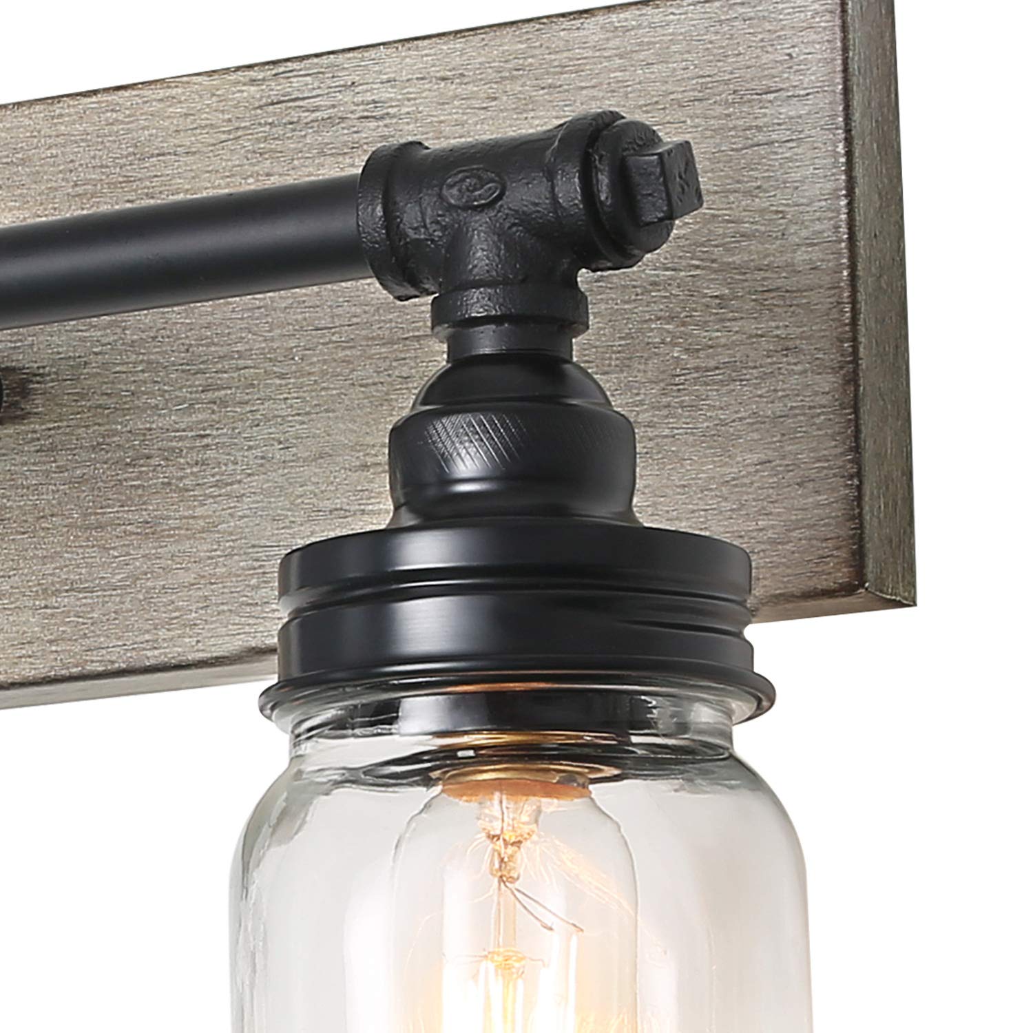 LALUZ Farmhouse Vanity Light Fixture with Mason Jar Shades - 2 Light Faux Wood Bathroom Sconce, Black Finish - Perfect for Rustic Bathroom, Bedroom, or Entryway Lighting