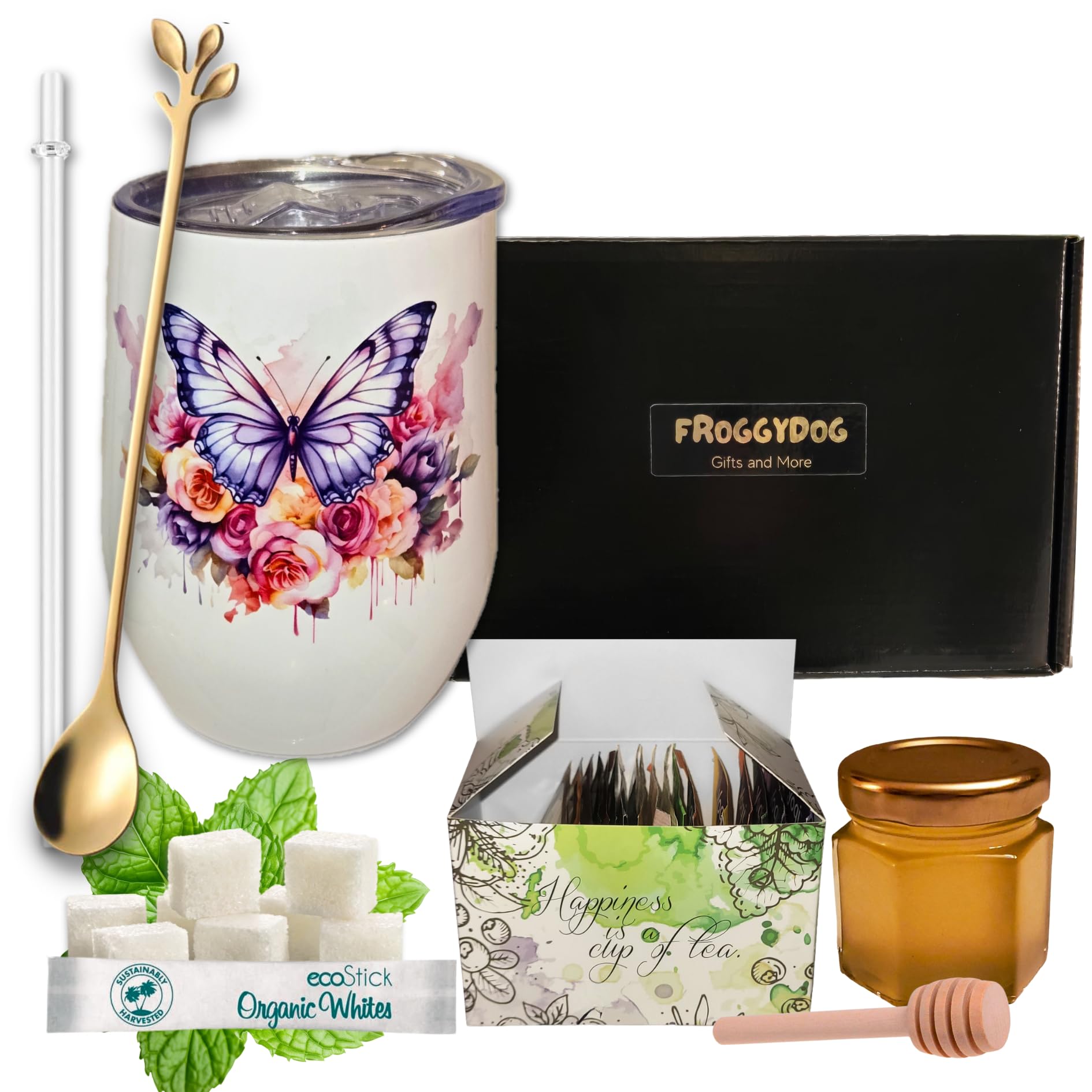 Premium Tea and Honey Gift Set with Insulated Tumbler, Gold Spoon, 18 Tea Bags, Honey Jar & Dipper - Perfect for Birthday, Anniversary & Housewarming Gifts (Butterfly Design)