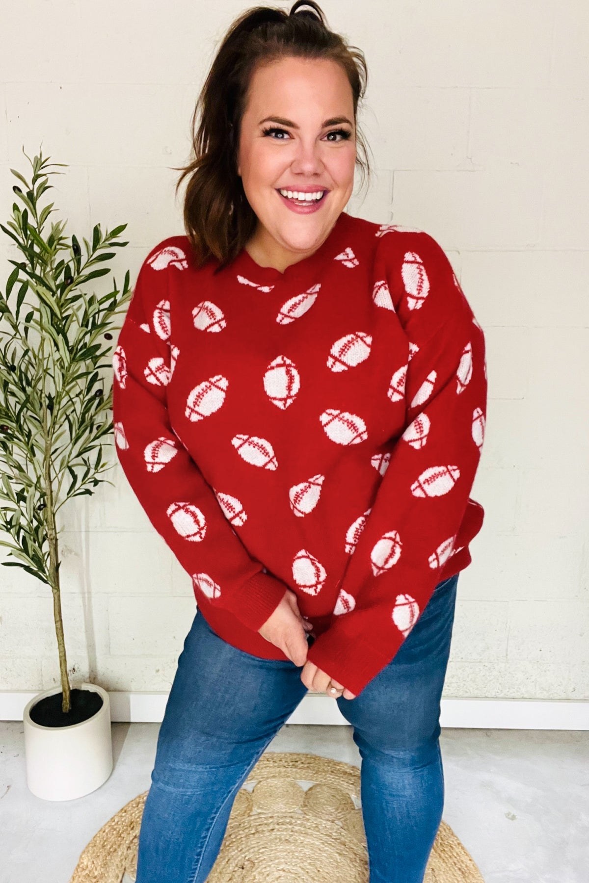 Game Day Red Football Print Jacquard Knit Sweater for Men - Cozy Team Spirit Pullover for NFL Fans, Tailgating & Winter Sports