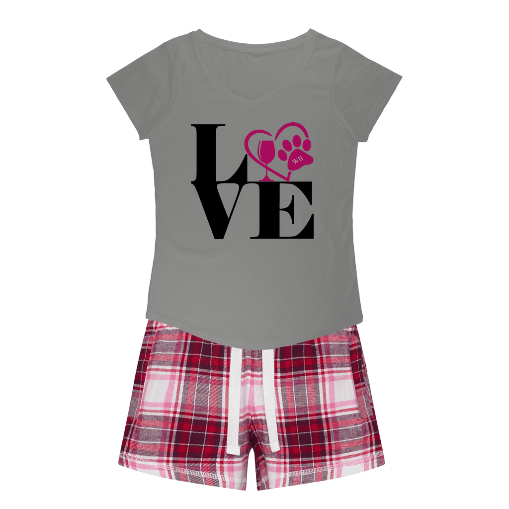 WineyBitches.Co Love Paw 2 Girls Sleepy Tee and Flannel Shorts - Cute Matching Pajama Set for Best Friends Sleepovers & Sister Bonding