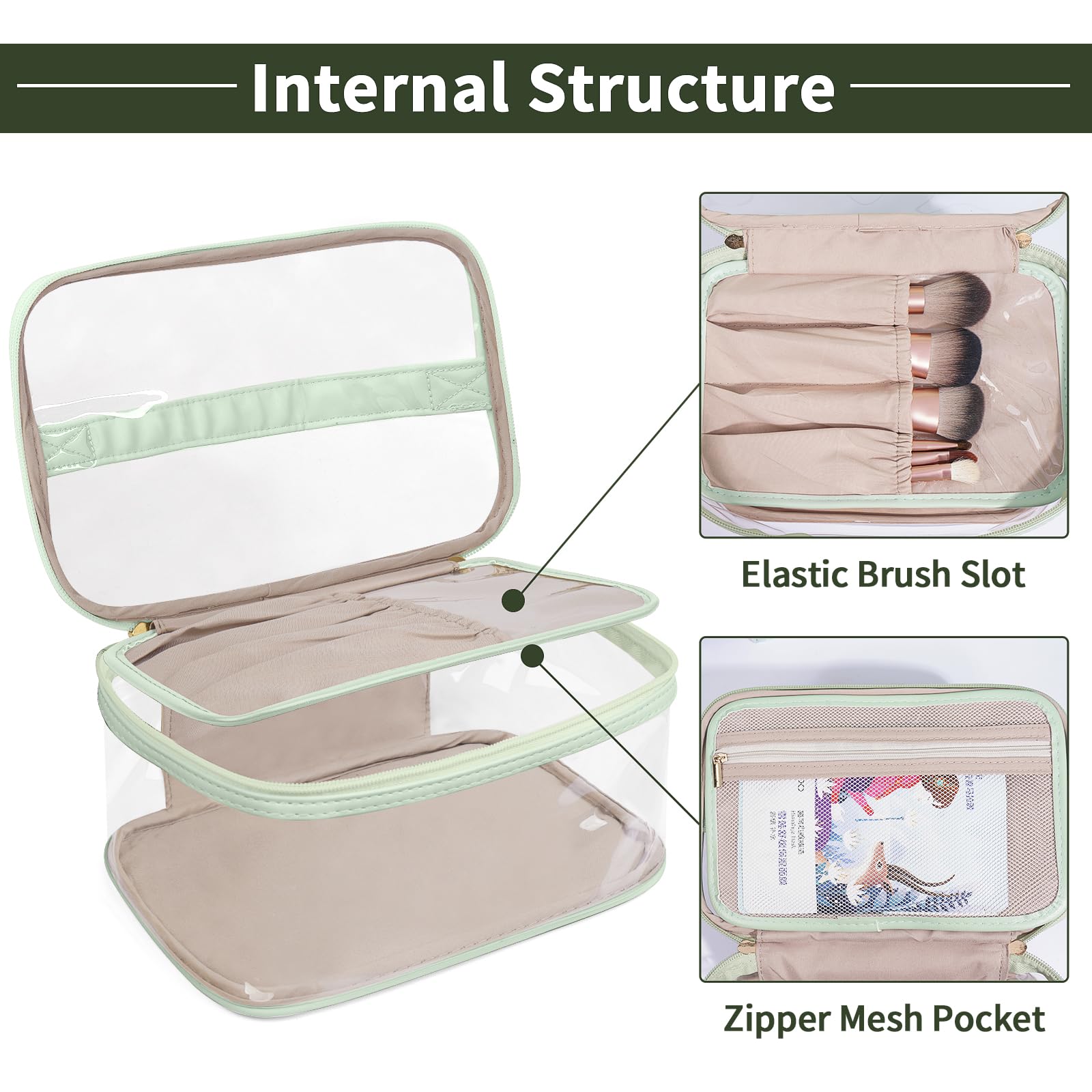 Waterproof Clear Makeup Bag for Women - TSA Approved Travel Cosmetic Organizer with Handle | Portable Toiletry Bag for Cosmetics, Skincare & Travel Essentials | Perfect for Airports, Gym & Weekend Getaways (Green)