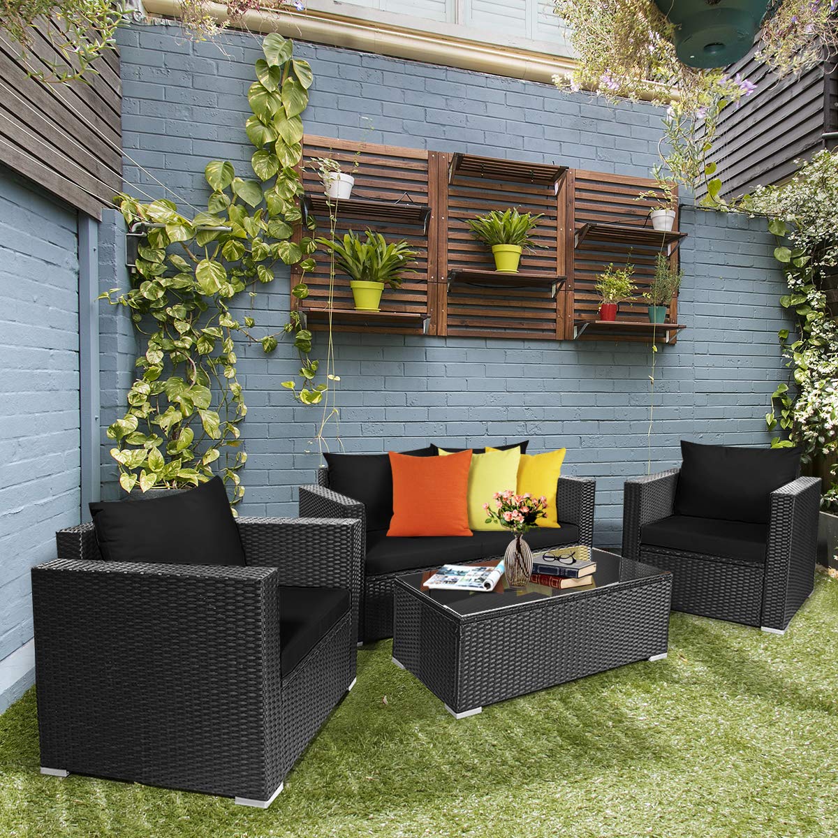 HappyGrill 4-Piece Outdoor Patio Conversation Set - Rattan Wicker Sofa with Tempered Glass Table & Removable Cushions - Perfect for Garden, Backyard, Poolside, and Outdoor Relaxation