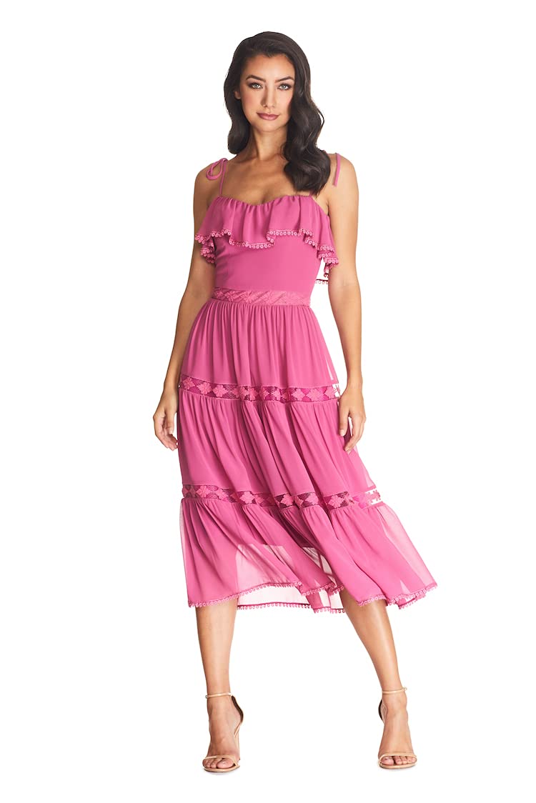 Dress the Population Women's Dream Sleeveless Ruffle Bodice Lace Insert Tiered Skirt Midi Dress - Perfect for Weddings, Parties & Special Occasions