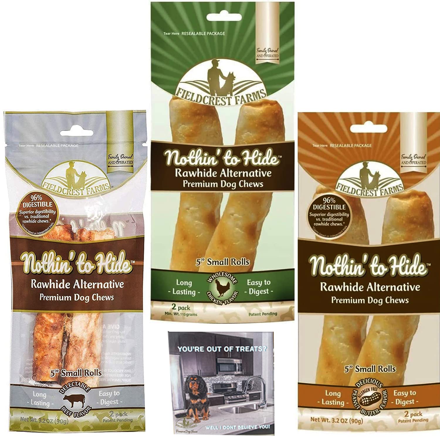 Fieldcrest Farms Natural Rawhide Alternative Dog Chews - 3 Pack Bundle (Chicken, Beef, Peanut Butter) | Premium Digestible Dental Treats for Small & Large Dogs | Perfect for Training, Teething & Anxiety Relief