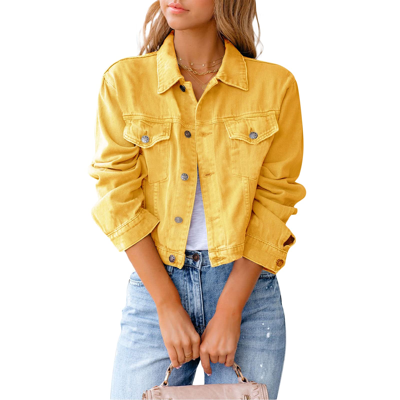 Women's Denim Jacket - Solid Color Long Sleeve Button Down Jean Jacket for Women, Loose Fit Cardigan Style Coat for Spring & Fall | Casual Outfit, Layering, Streetwear Fashion