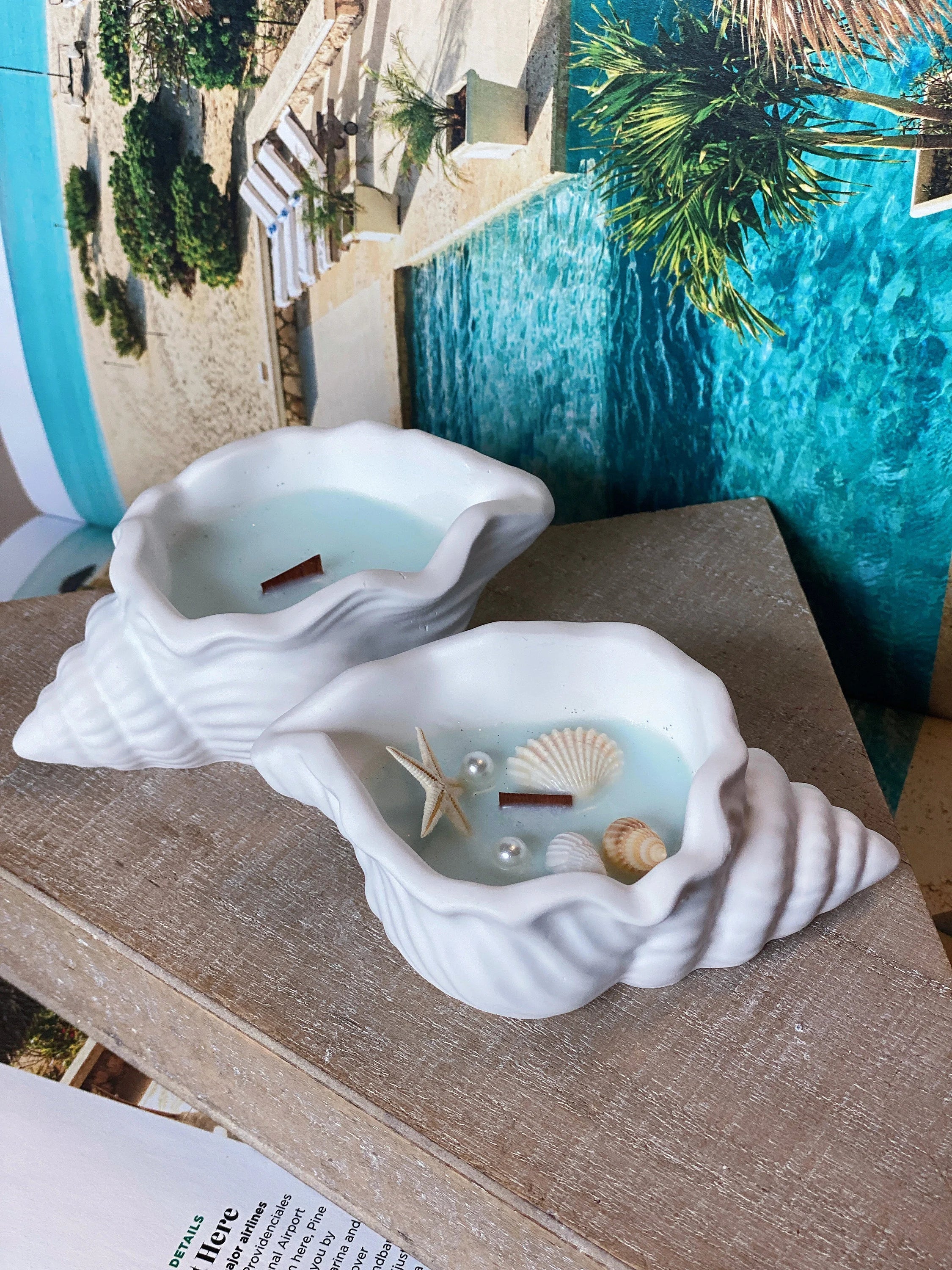 Ocean’s Whisper Scented Candle in Jesmonite Shell - Natural Sea Breeze Aroma, Handmade Soy Wax Candle, Elegant Home Decor for Relaxation & Spa Ambience