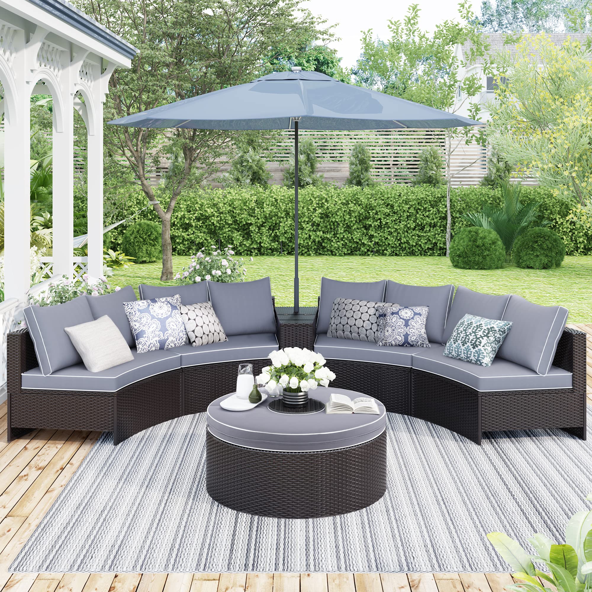 6-Piece Patio Rattan Sectional Half Round Sofa Set - Outdoor Conversation Furniture with Storage Side Table & Multifunctional Round Table - Perfect for Garden, Poolside & Backyard Relaxation