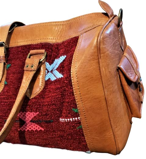 Vintage Red Kilim & Genuine Leather Travel Bag - Durable Handmade Carry-On for Weekend Getaways & Adventure Trips