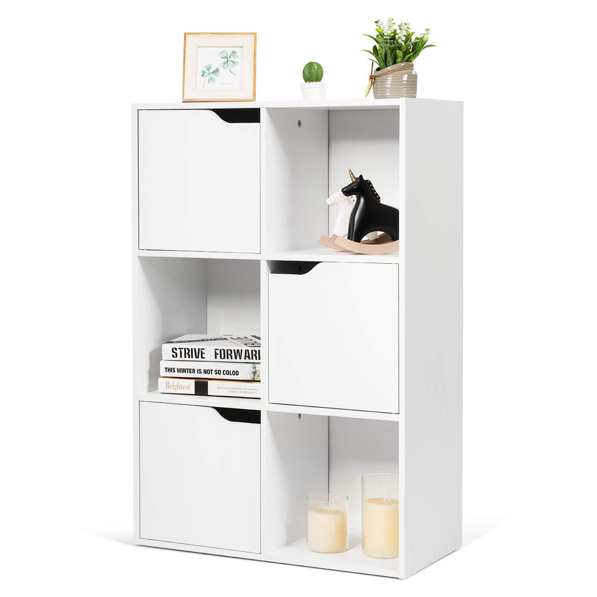 Giantex 6-Cube Storage Organizer - Wooden Bookcase with 3 Open Shelves & 3 Cabinets, White - Free Standing Cubby Shelf for Home Office, Living Room, Bedroom - Organize Books, Toys, Decor & More
