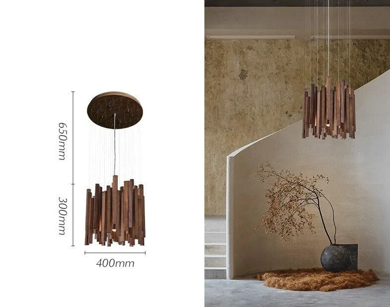 Solid Oak Wood Hanging Chandelier - Rustic Farmhouse Ceiling Light Fixture for Dining Room, Kitchen Island & Bedroom Decor