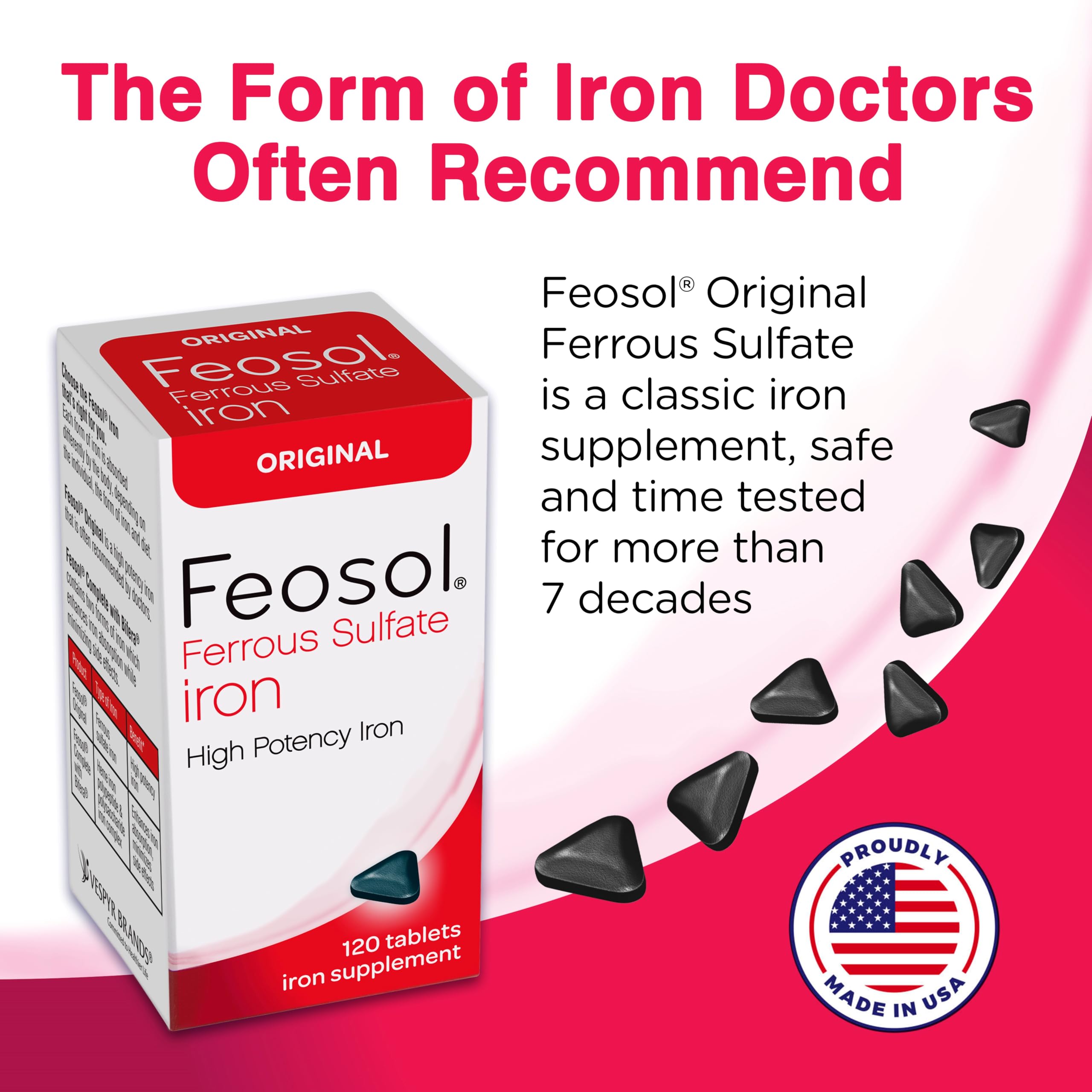 Feosol Original Iron Supplement Tablets - 325mg Ferrous Sulfate (65mg Elemental Iron) per Pill, 120 Count (4 Month Supply) - Non-Heme Iron for Energy & Immune Support - Made in USA - Ideal for Anemia Prevention & Fatigue Relief