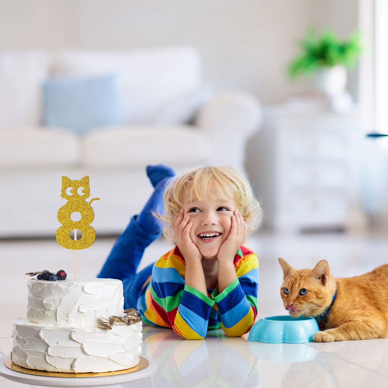 Gold 8th Birthday Cat Cake Toppers - Cartoon Cat Food Picks for Girls & Boys | 8 Years Old Cake Decorations for Baby Showers, Kids & Pet Birthday Parties | Perfect for Birthday Cakes, Cupcakes & Dessert Tables