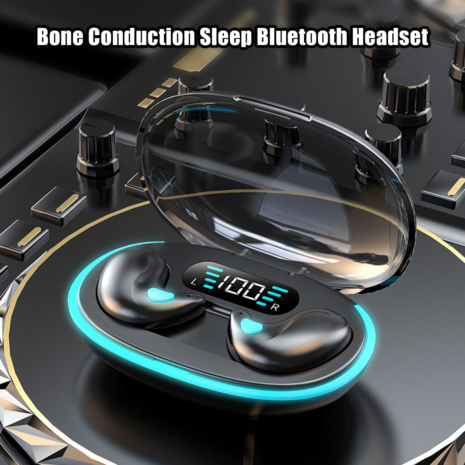 Wireless Bone Conduction Sleep Headphones Bluetooth 5.3 with Noise Cancellation, Invisible In-Ear Earbuds for Sports & Running, IPX5 Waterproof with LED Digital Display Charging Case (Black) - Perfect for Sleeping, Gym Workouts and Nighttime Jogging