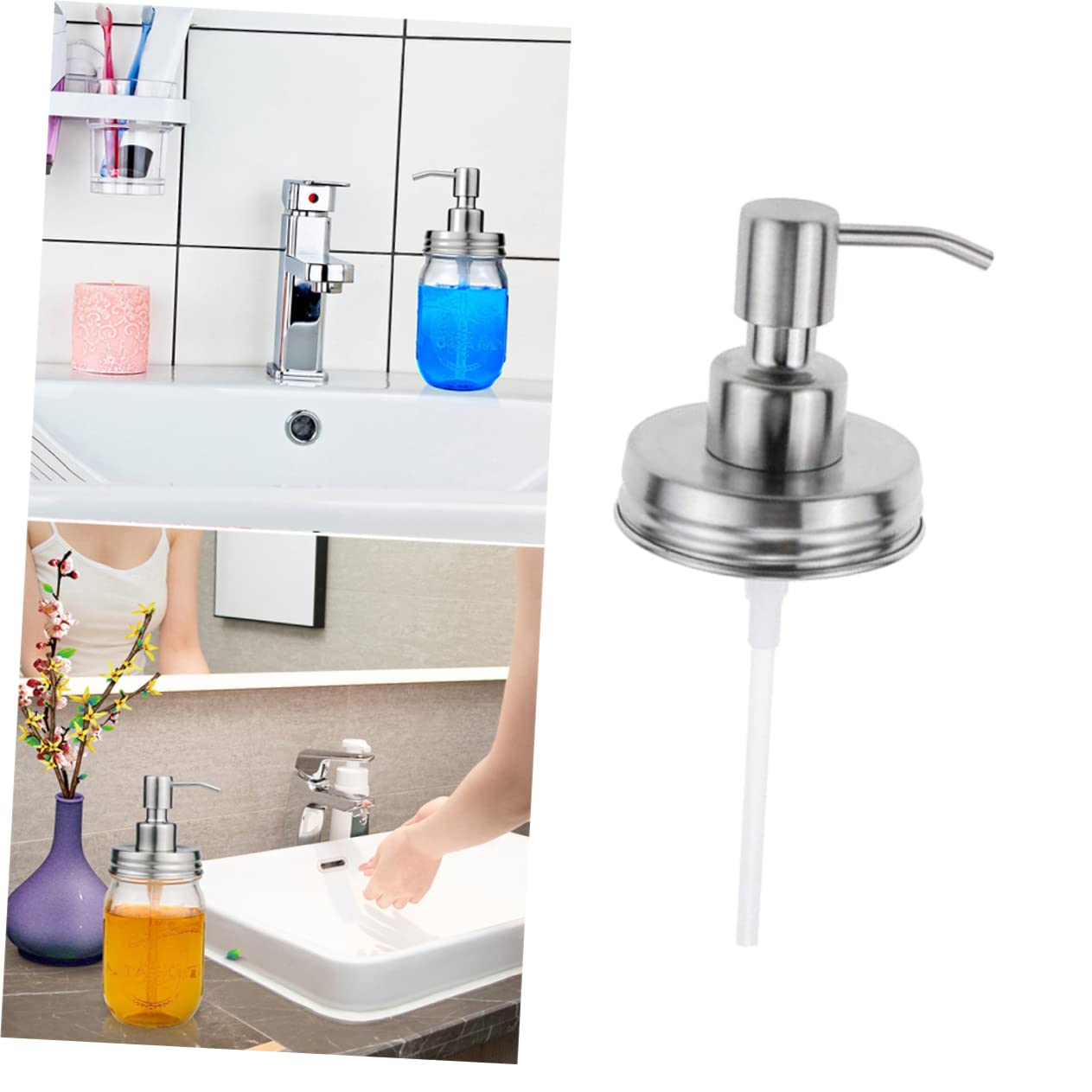 TOPBATHY Stainless Steel Soap Dispenser Pump Lid Replacement for Mason Jars - Perfect for Bathroom, Kitchen, and DIY Home Decor Projects