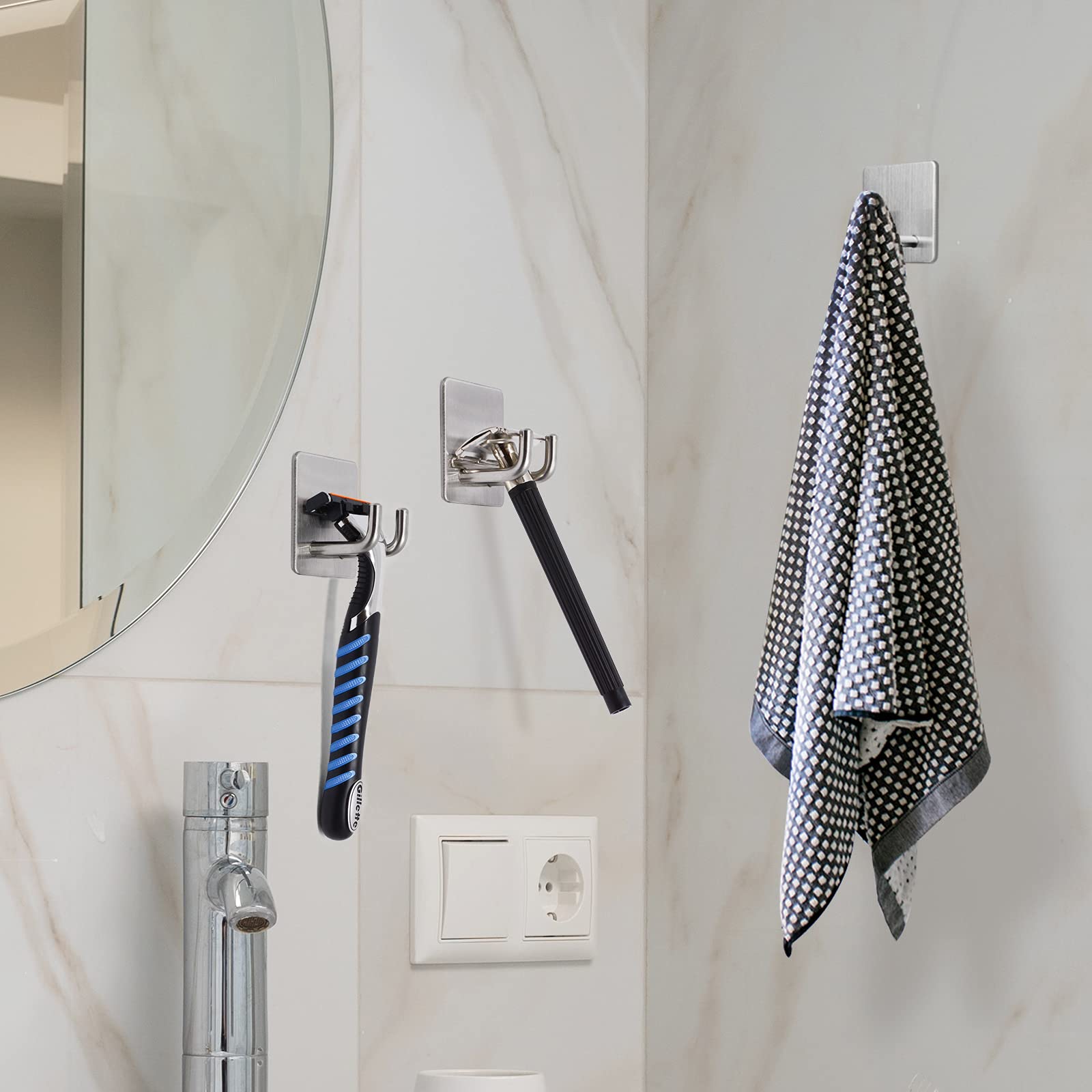 Stainless Steel Adhesive Hooks - Razor Holder for Shower, Bathroom Wall Towel Hooks, Self-Adhesive Door Hangers for Coats, Loofahs & Robes - Perfect for Bathroom Organization & Space Saving