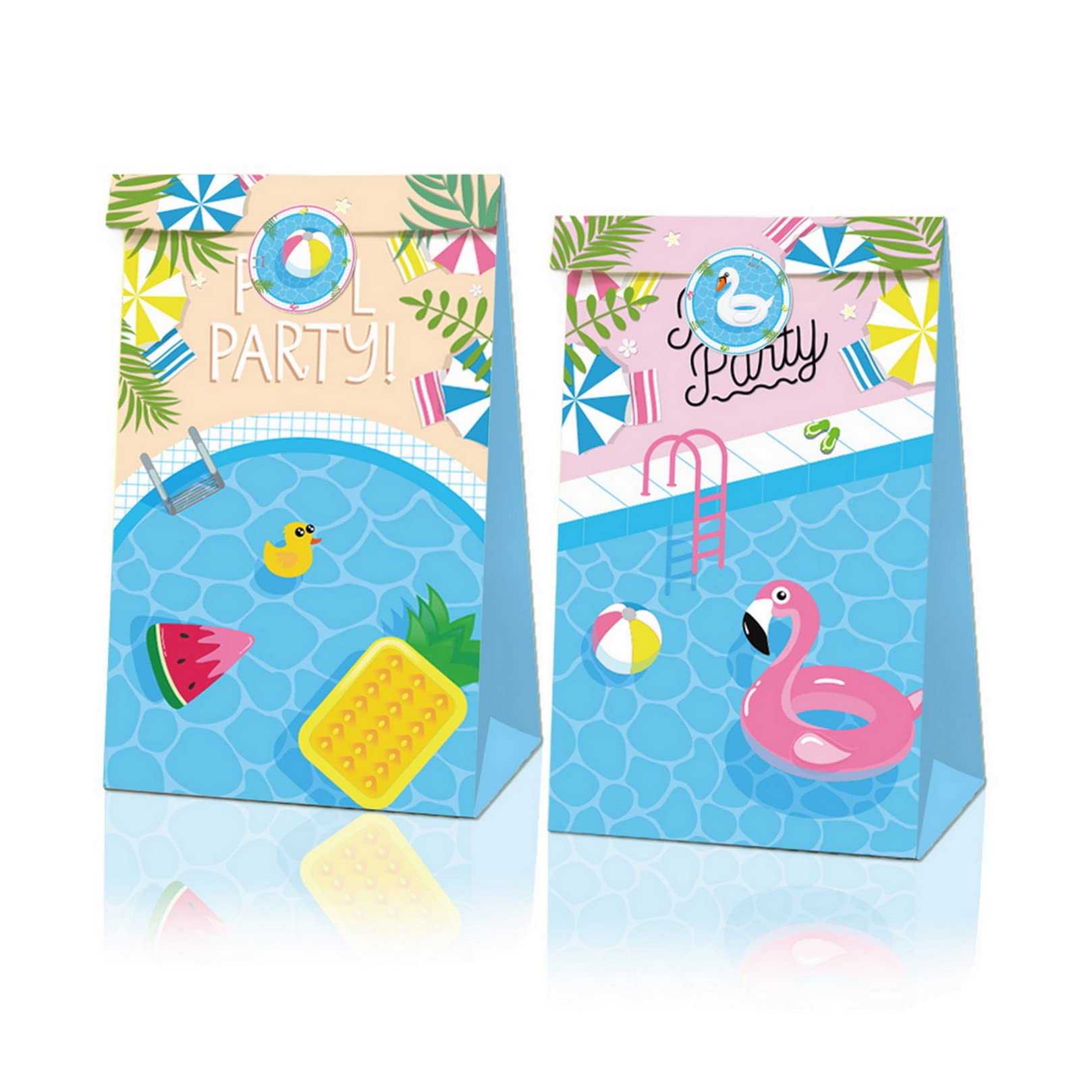 COSFAN 12 Pack Summer Pool Beach Paper Gift Bags - Tropical Hawaiian Luau Party Decorations, Swimming Pool Theme Treat Bags for Candy & Favors with Stickers | Perfect for Pool Parties, Beach Events & Summer Celebrations