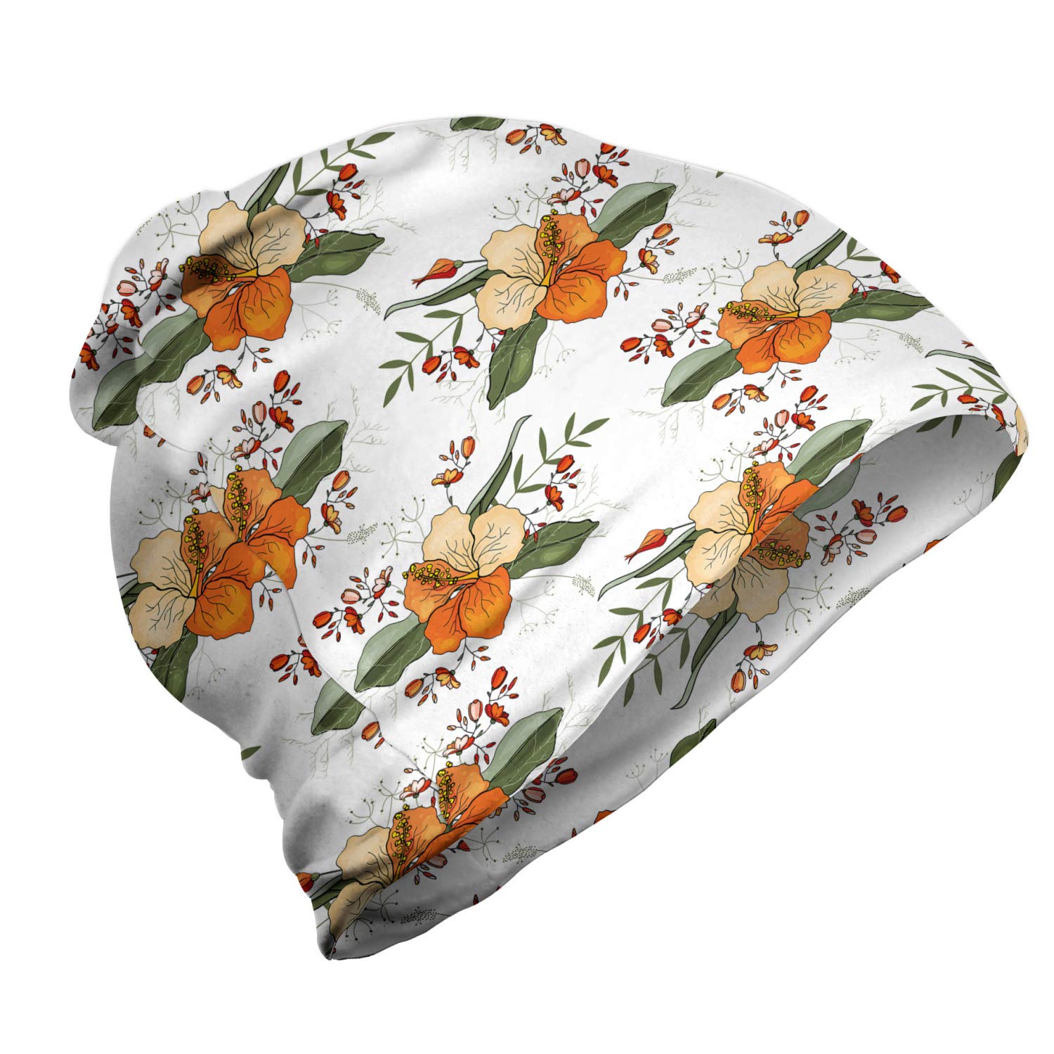Ambesonne Unisex Winter Beanie Hat with Detailed Flower Sketches - Soft Knit Warm Fleece Lined Skull Cap for Men Women - Perfect for Hiking, Camping & Outdoor Winter Activities