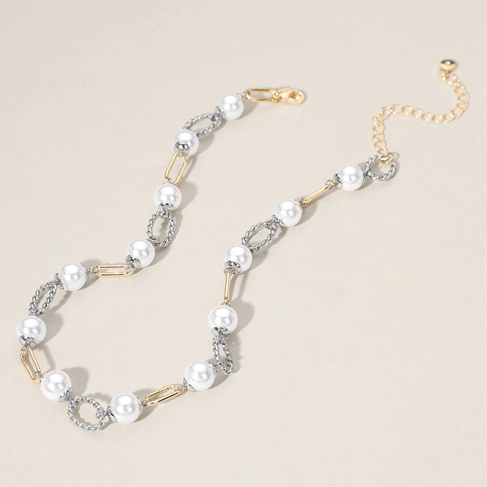 Elegant Cream Pearl & Two-Tone Metal Link Necklace for Women - Perfect for Weddings, Parties & Everyday Wear