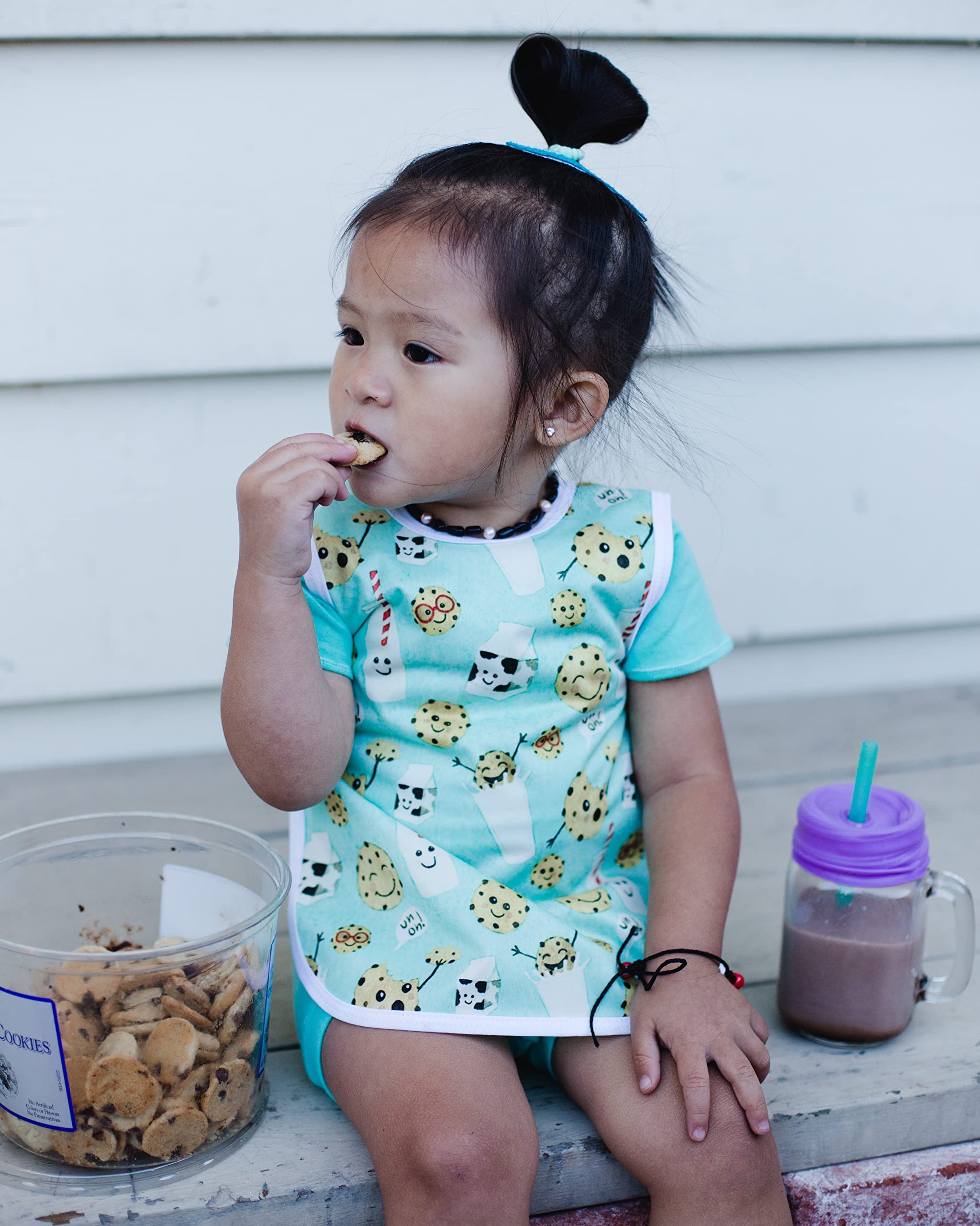 BapronBaby Cookies & Milk Bapron - No Neck Tie Safer Bib for Babies & Toddlers 3-5 Years - Soft Waterproof & Stain Resistant Feeding Apron - Machine Washable Preschool Bib - Perfect for Mealtime, Snacks & Messy Play