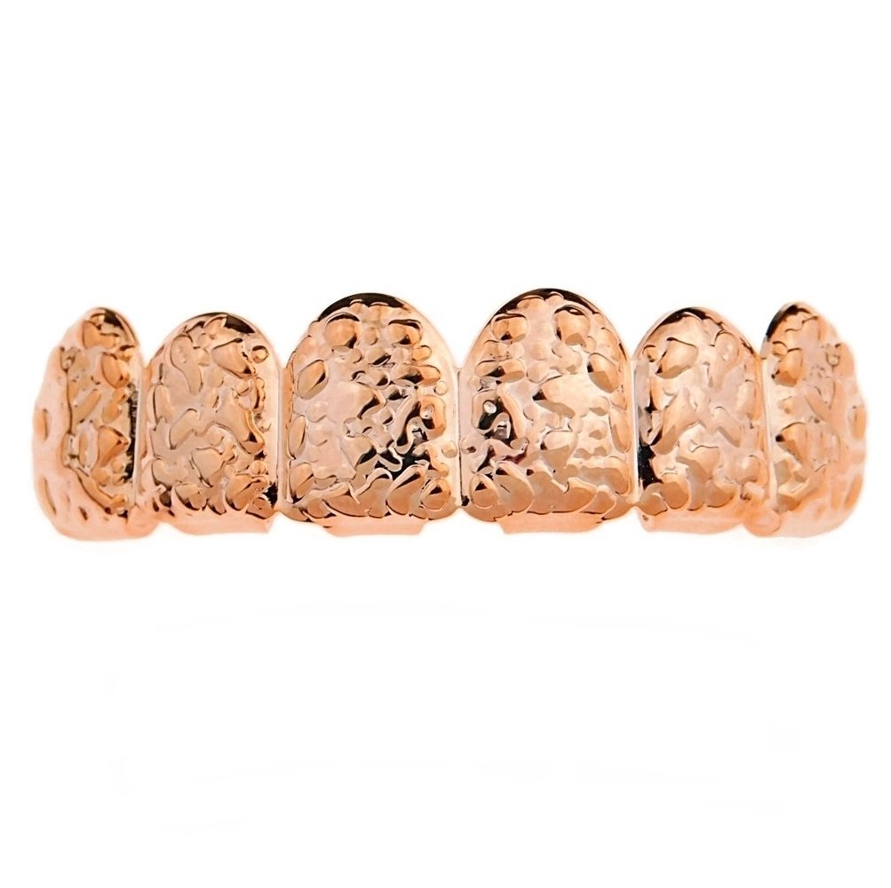 14K Rose Gold Plated Hip Hop Grillz - 6 Piece Upper Teeth Slugs for Men & Women | Perfect for Rappers, Performers & Hip Hop Fashion Enthusiasts