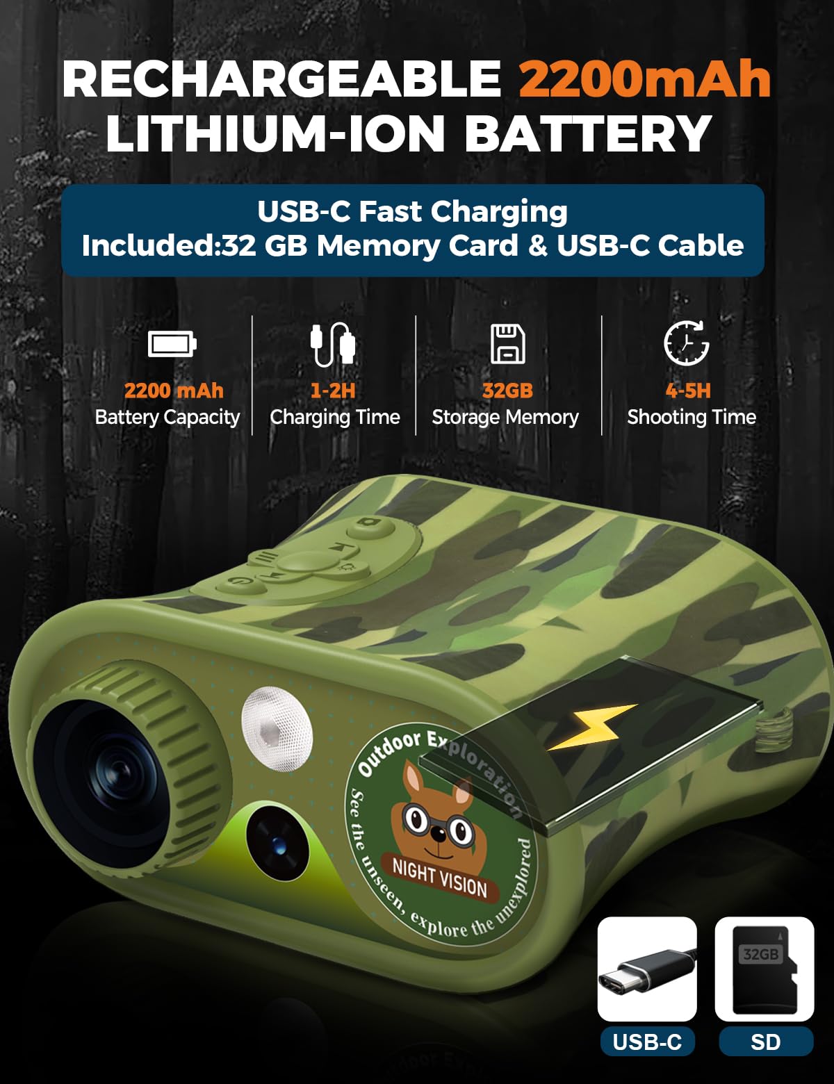 **2.5K UHD Night Vision Binoculars for Kids - Christmas & Birthday Gifts for Boys & Girls, Kids Camera with Flashlight & 32GB TF Card - Perfect for Outdoor Adventures, Camping, and Wildlife Exploration**