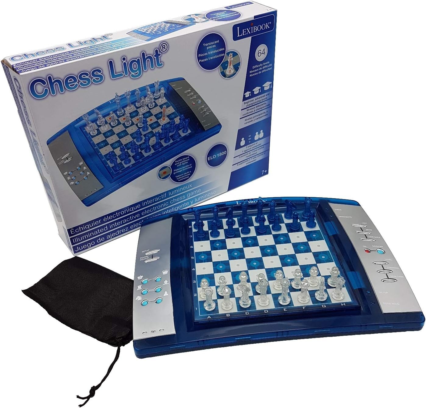 LEXIBOOK LCG3000_12 ChessLight - Electronic Chess Game with Touch-Sensitive Keyboard, 64 Difficulty Levels, Light & Sound Effects, 32 Chess Pieces (Blue/Grey) - Perfect for Family Game Nights, Travel & Learning Chess Strategies